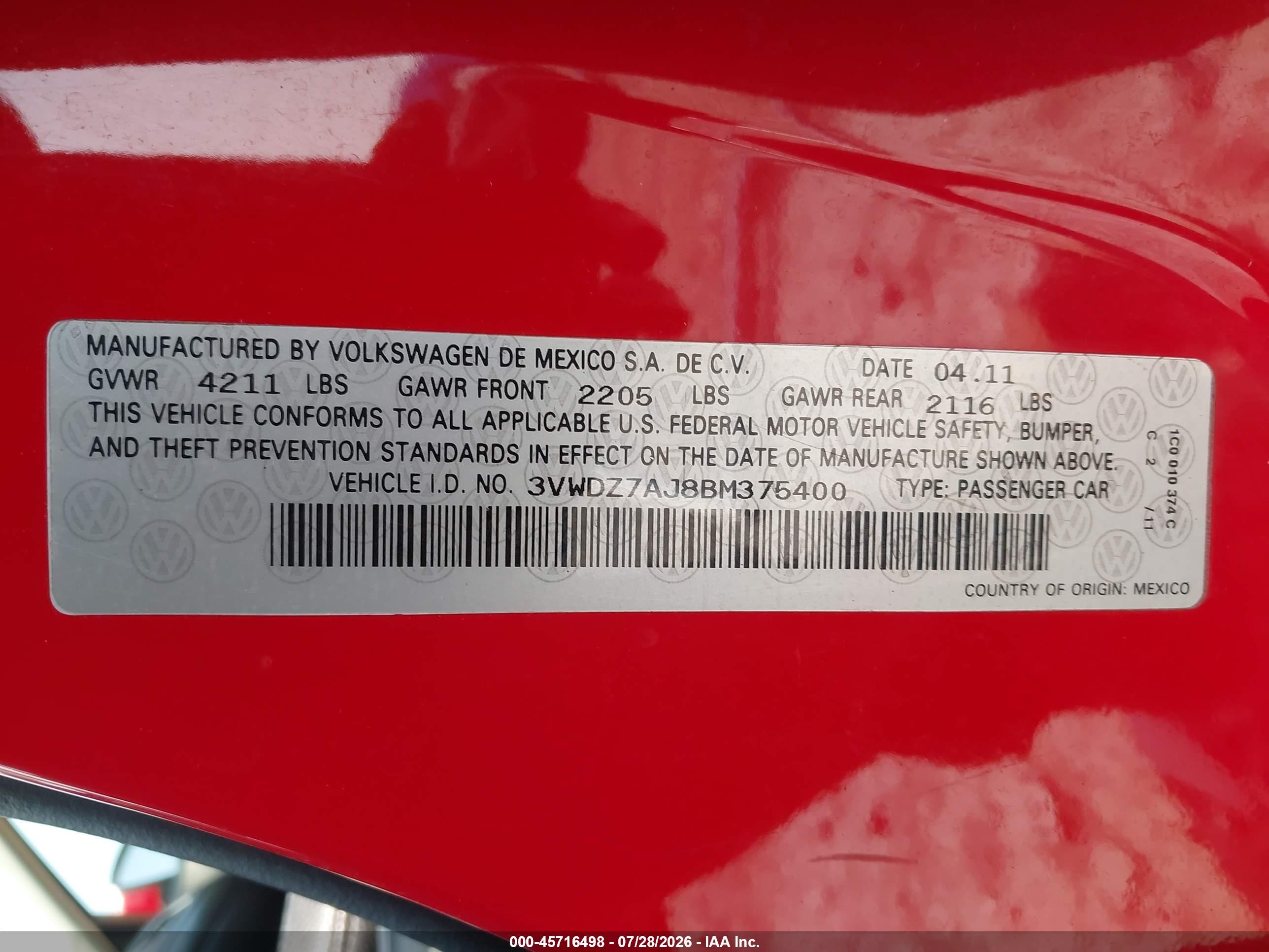 2011 Volkswagen Jetta 2.5l Se Red vin: 3VWDZ7AJ8BM375400