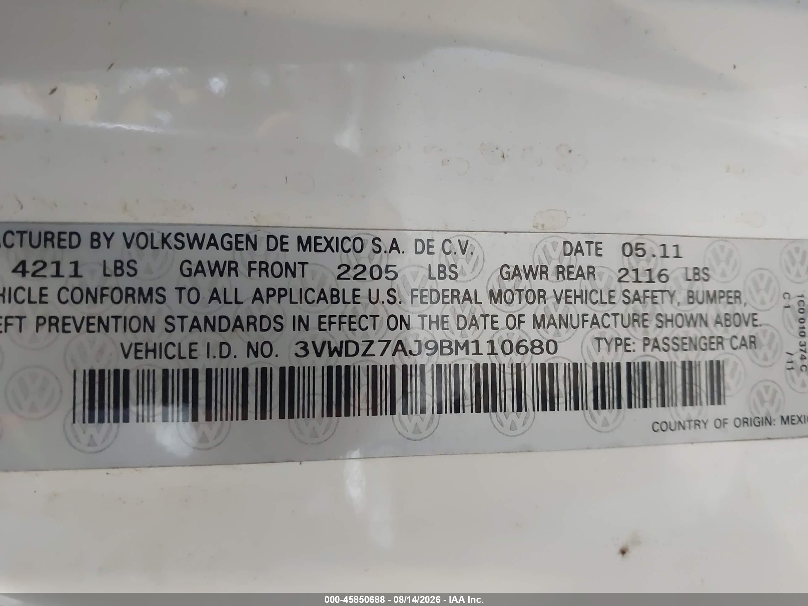 2011 Volkswagen Jetta 2.5l Se Белый vin: 3VWDZ7AJ9BM110680