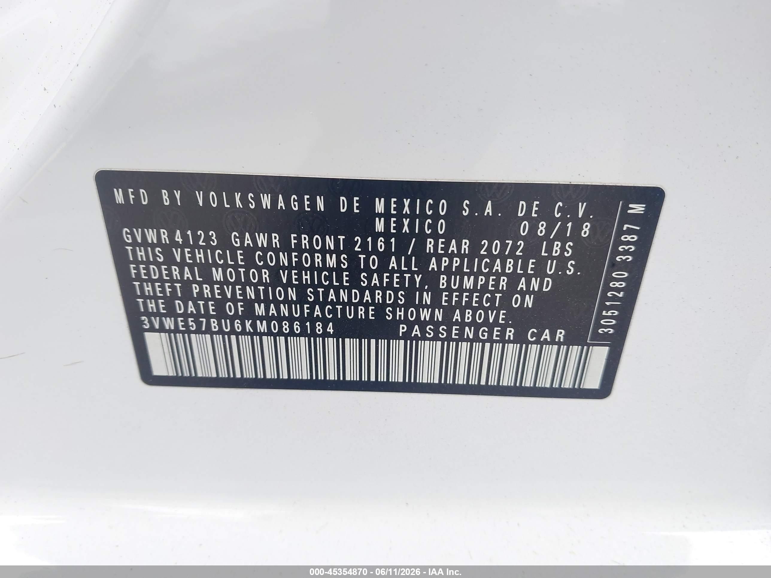 2019 Volkswagen Jetta 1.4t Sel Белый vin: 3VWE57BU6KM086184