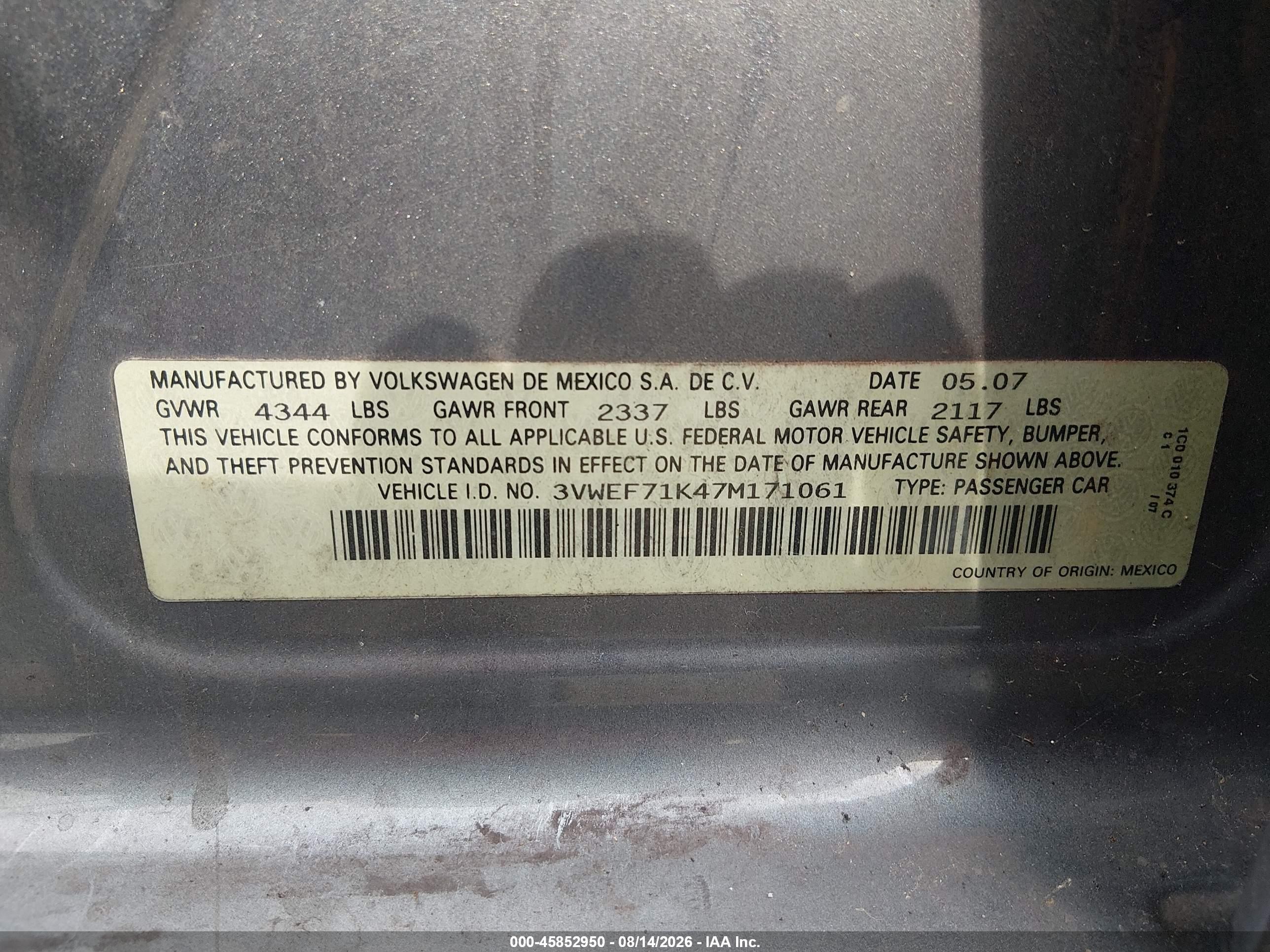 2007 Volkswagen Jetta Wolfsburg Edition Gray vin: 3VWEF71K47M171061