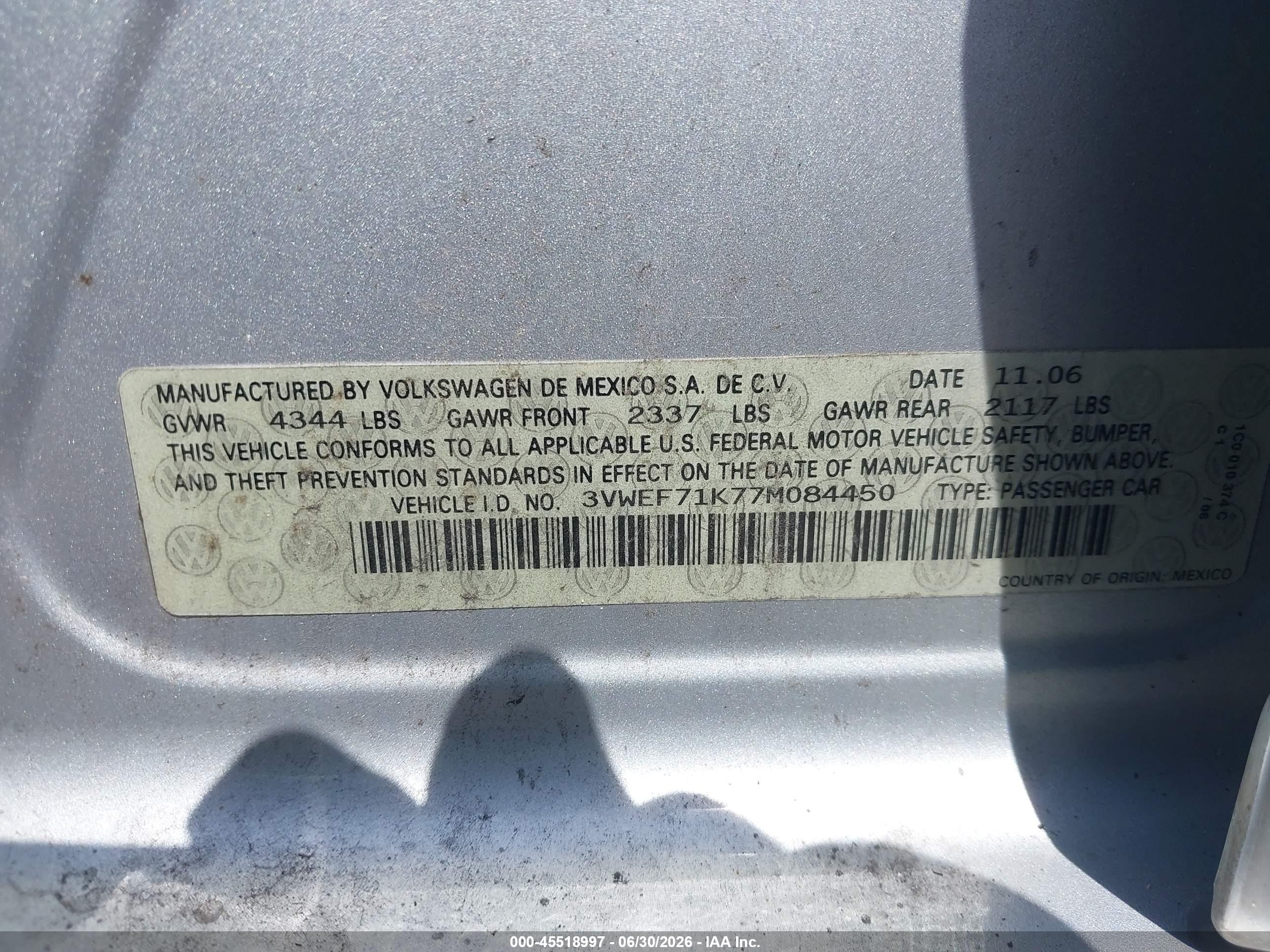 2007 Volkswagen Jetta Wolfsburg Edition Серебряный vin: 3VWEF71K77M084450