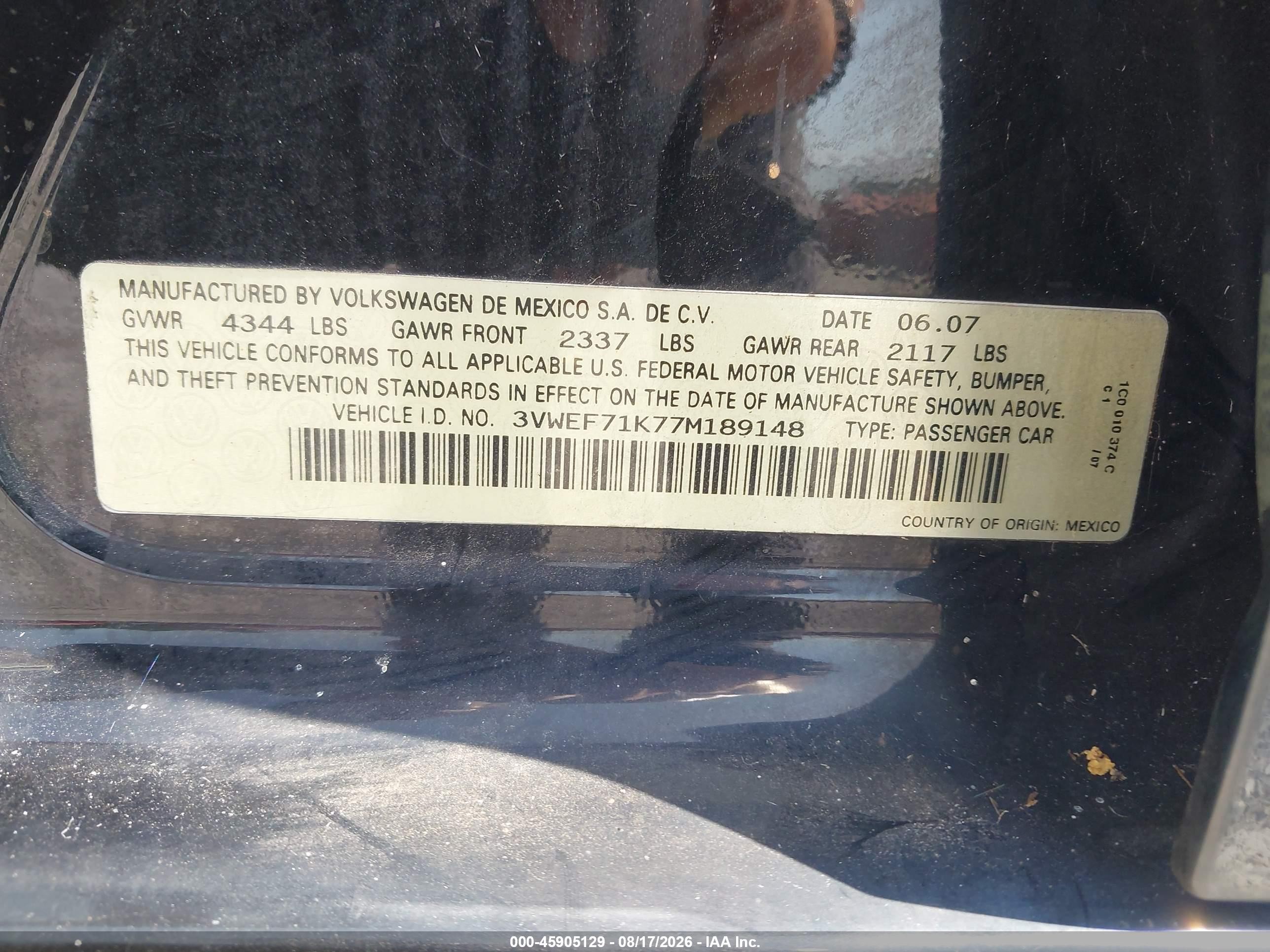 2007 Volkswagen Jetta Wolfsburg Edition Black vin: 3VWEF71K77M189148
