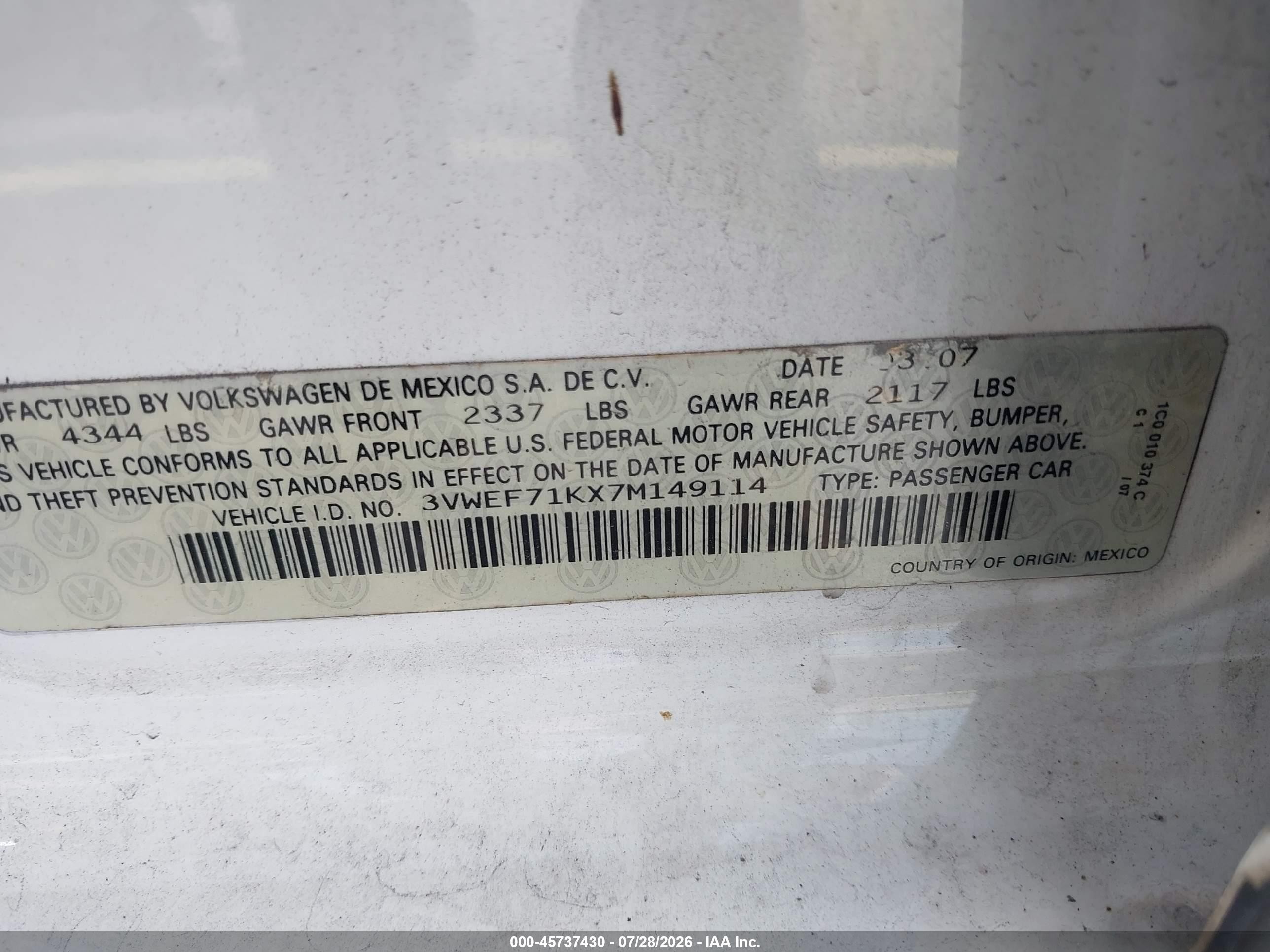 2007 Volkswagen Jetta Wolfsburg Edition White vin: 3VWEF71KX7M149114