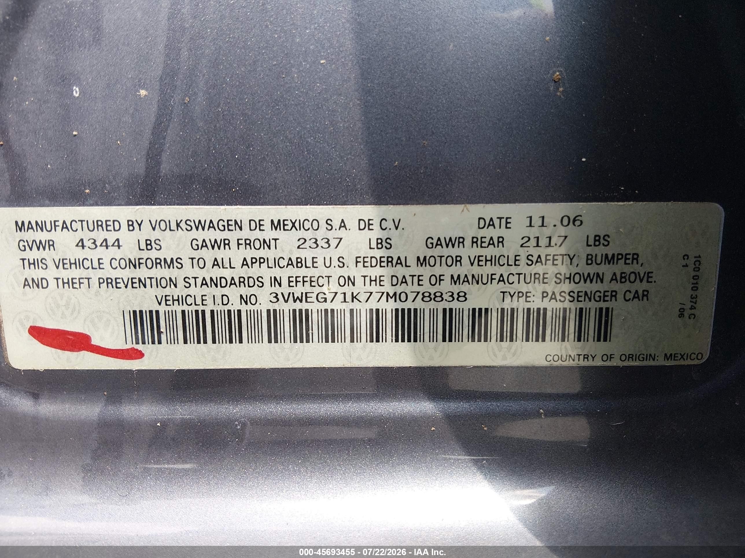 2007 Volkswagen Jetta Wolfsburg Edition Gray vin: 3VWEG71K77M078838