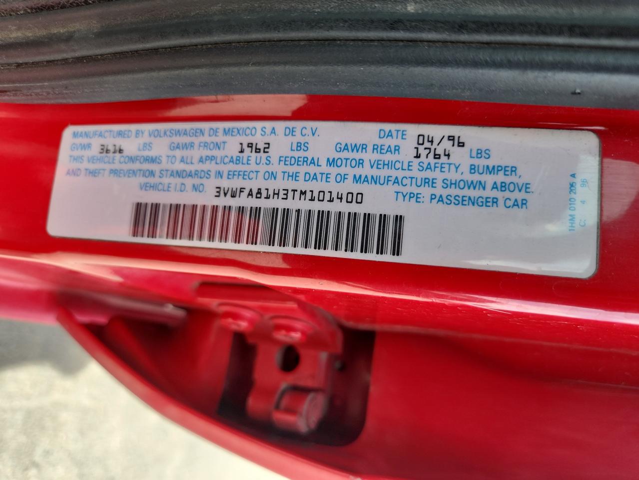 1996 Volkswagen Golf Gl Red vin: 3VWFA81H3TM101400