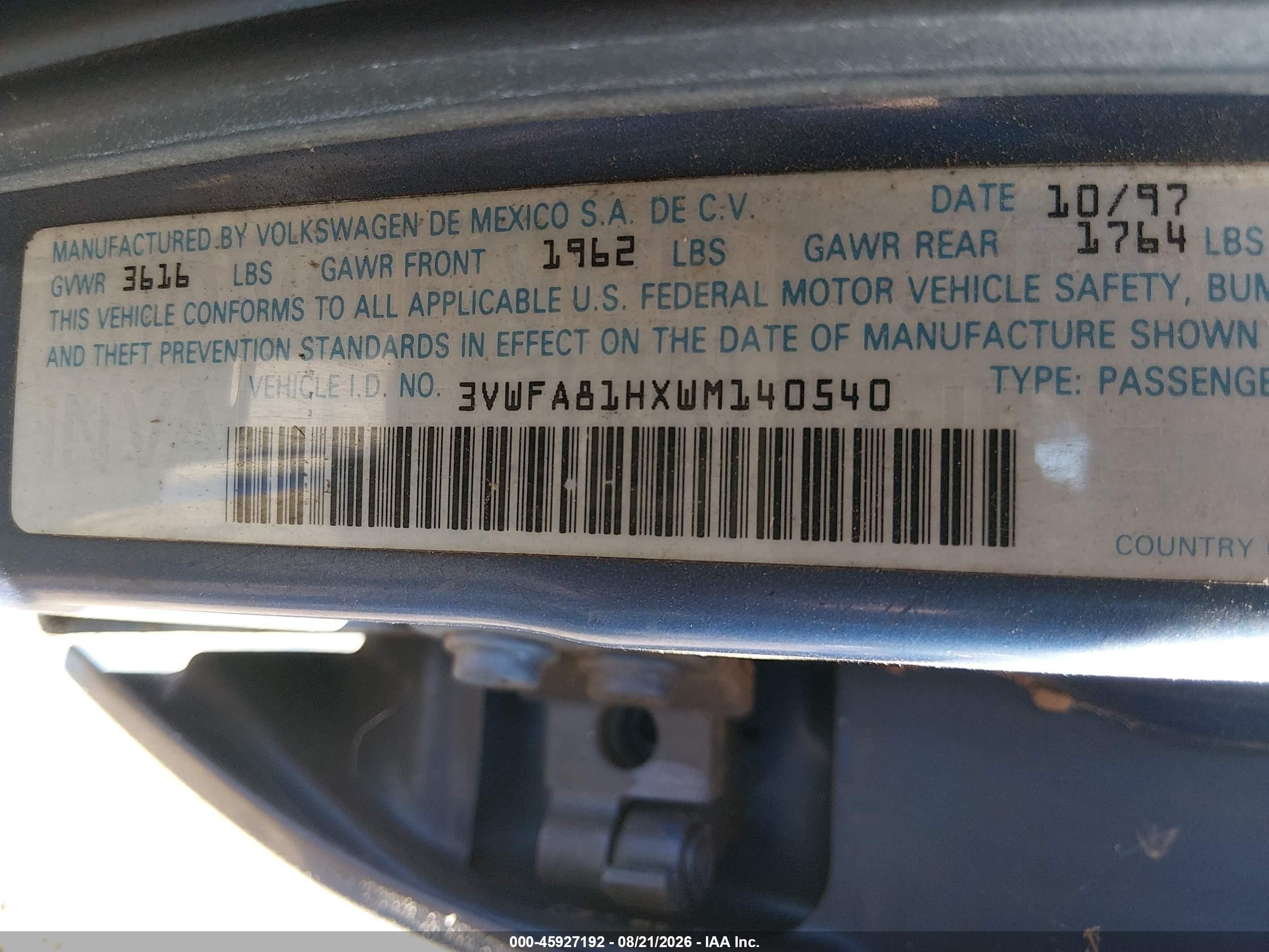 1998 Volkswagen Golf Gl Blue vin: 3VWFA81HXWM140540