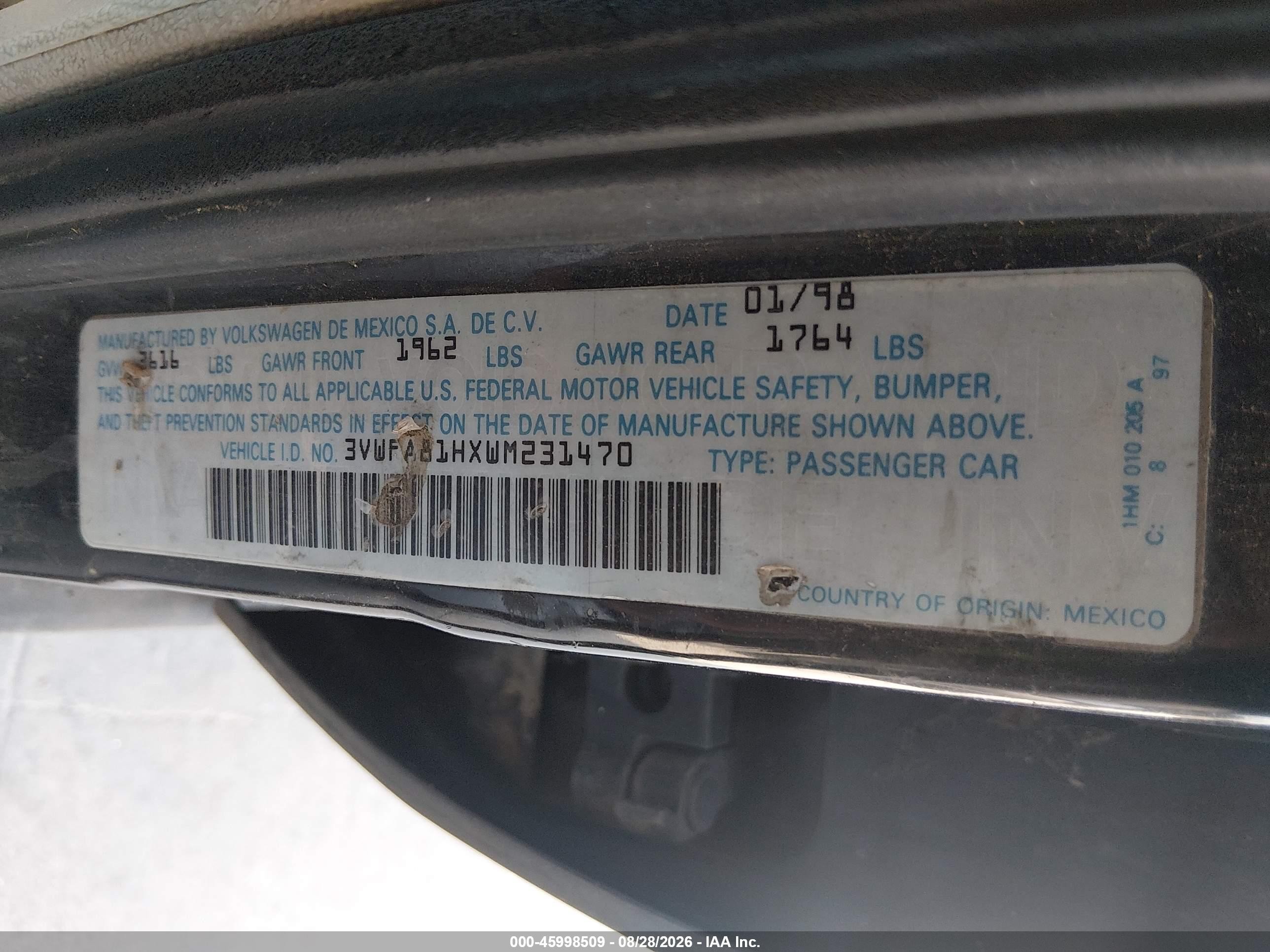 1998 Volkswagen Golf Gl Black vin: 3VWFA81HXWM231470