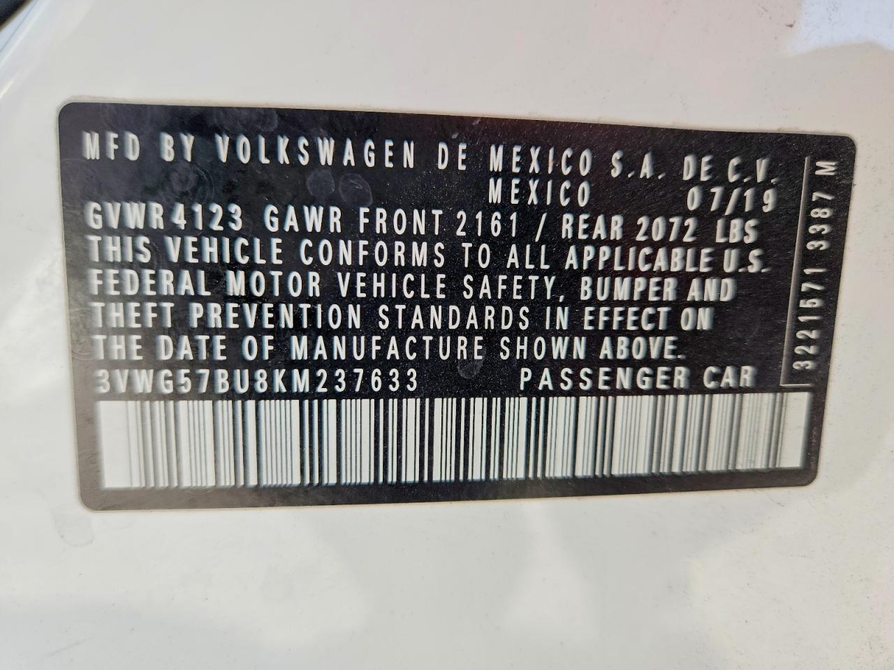 2019 Volkswagen Jetta Sel Premium White vin: 3VWG57BU8KM237633