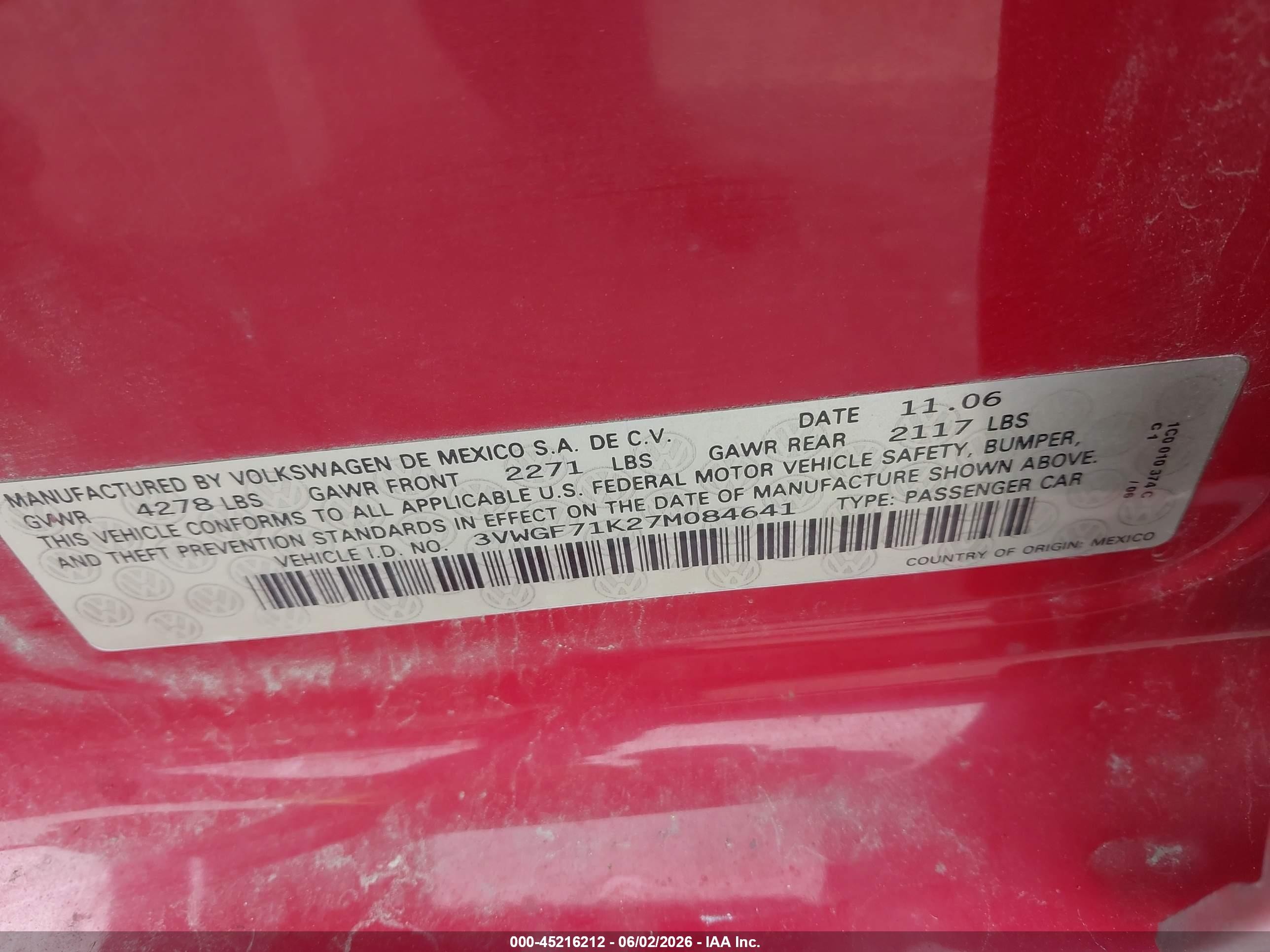 2007 Volkswagen Jetta   Красный vin: 3VWGF71K27M084641