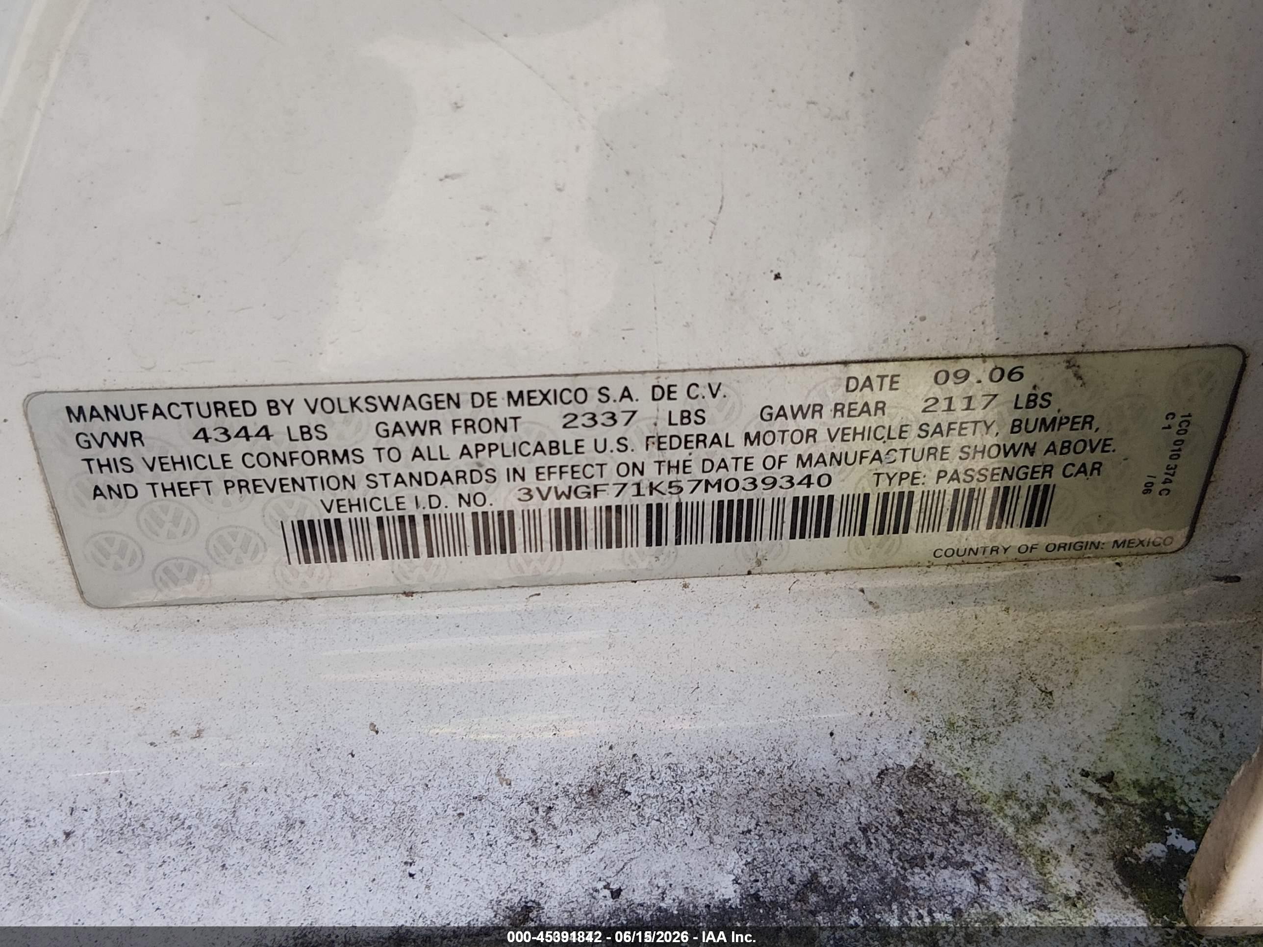 2007 Volkswagen Jetta   Белый vin: 3VWGF71K57M039340