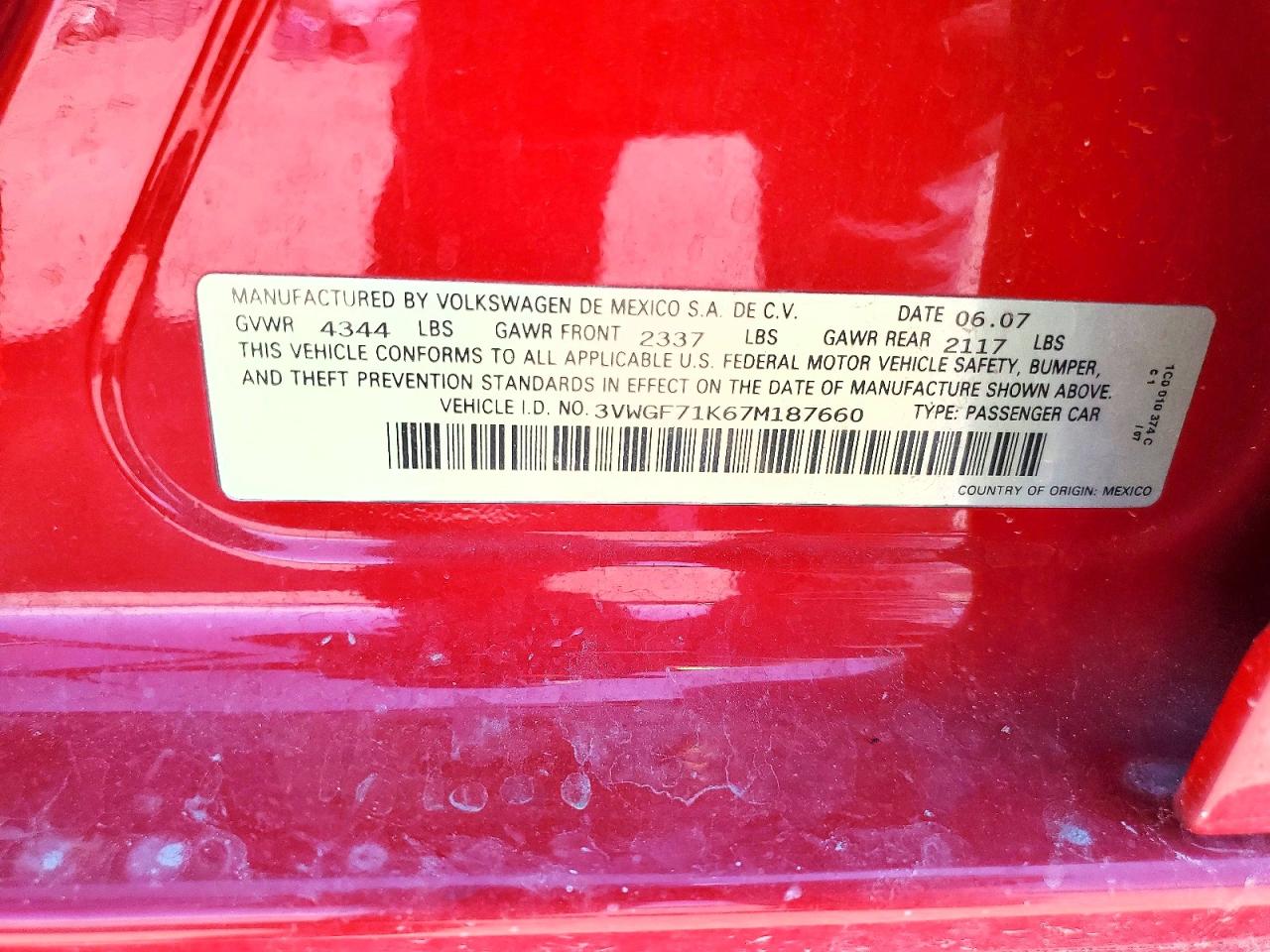 2007 Volkswagen Jetta Red vin: 3VWGF71K67M187660