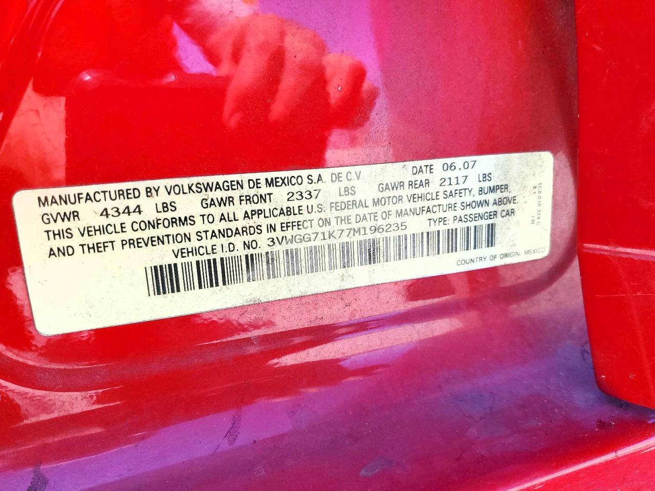 2007 Volkswagen Jetta Red vin: 3VWGG71K77M196235