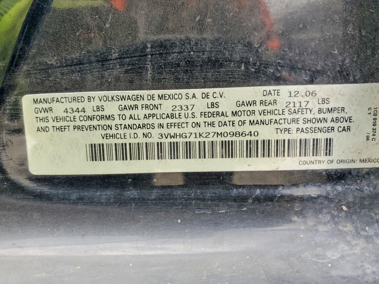 2007 Volkswagen Jetta 2.5 Black vin: 3VWHG71K27M098640