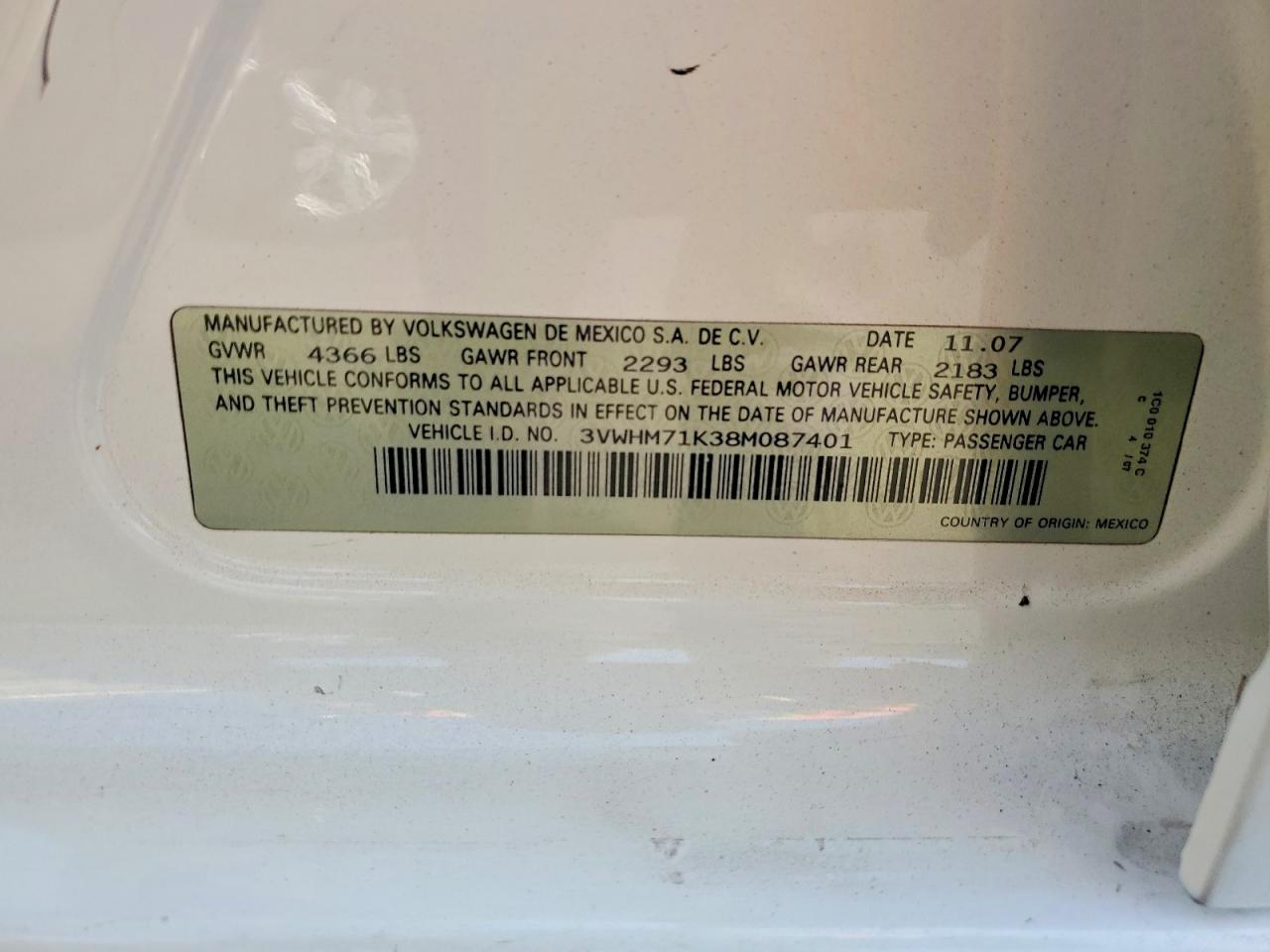 2008 Volkswagen Jetta White vin: 3VWHM71K38M087401