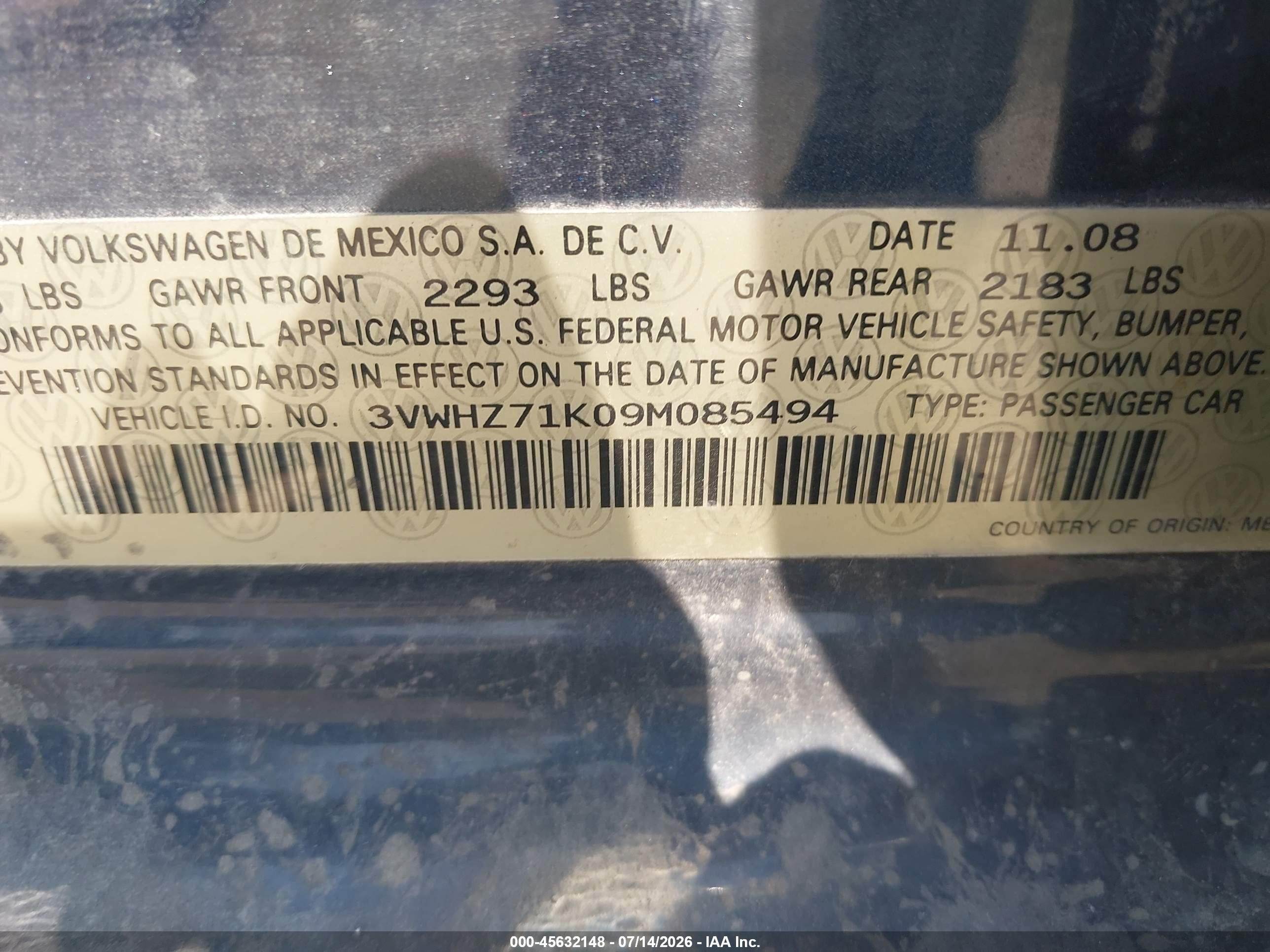 2009 Volkswagen Jetta S Blue vin: 3VWHZ71K09M085494