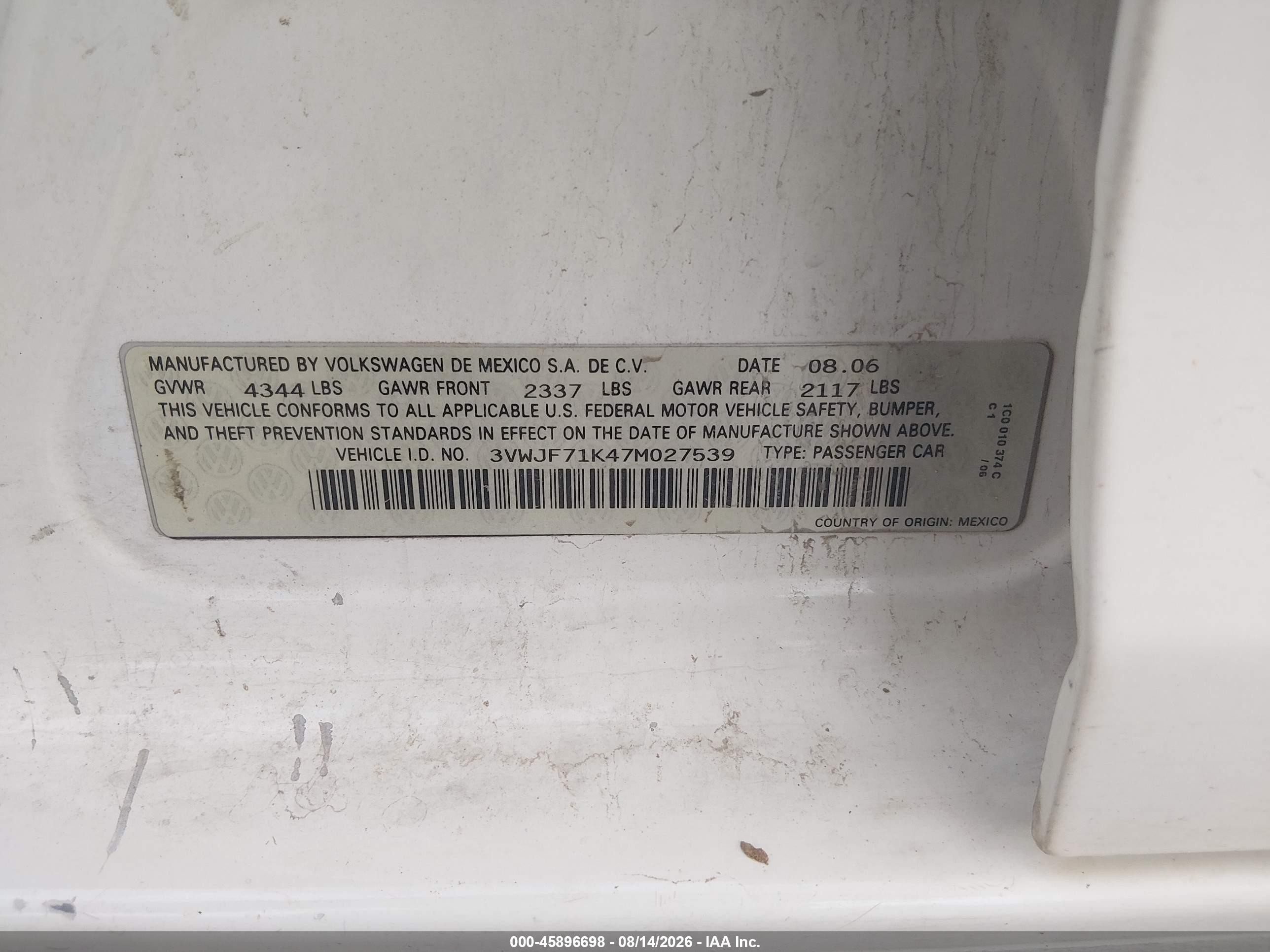 2007 Volkswagen Jetta 2.5 White vin: 3VWJF71K47M027539