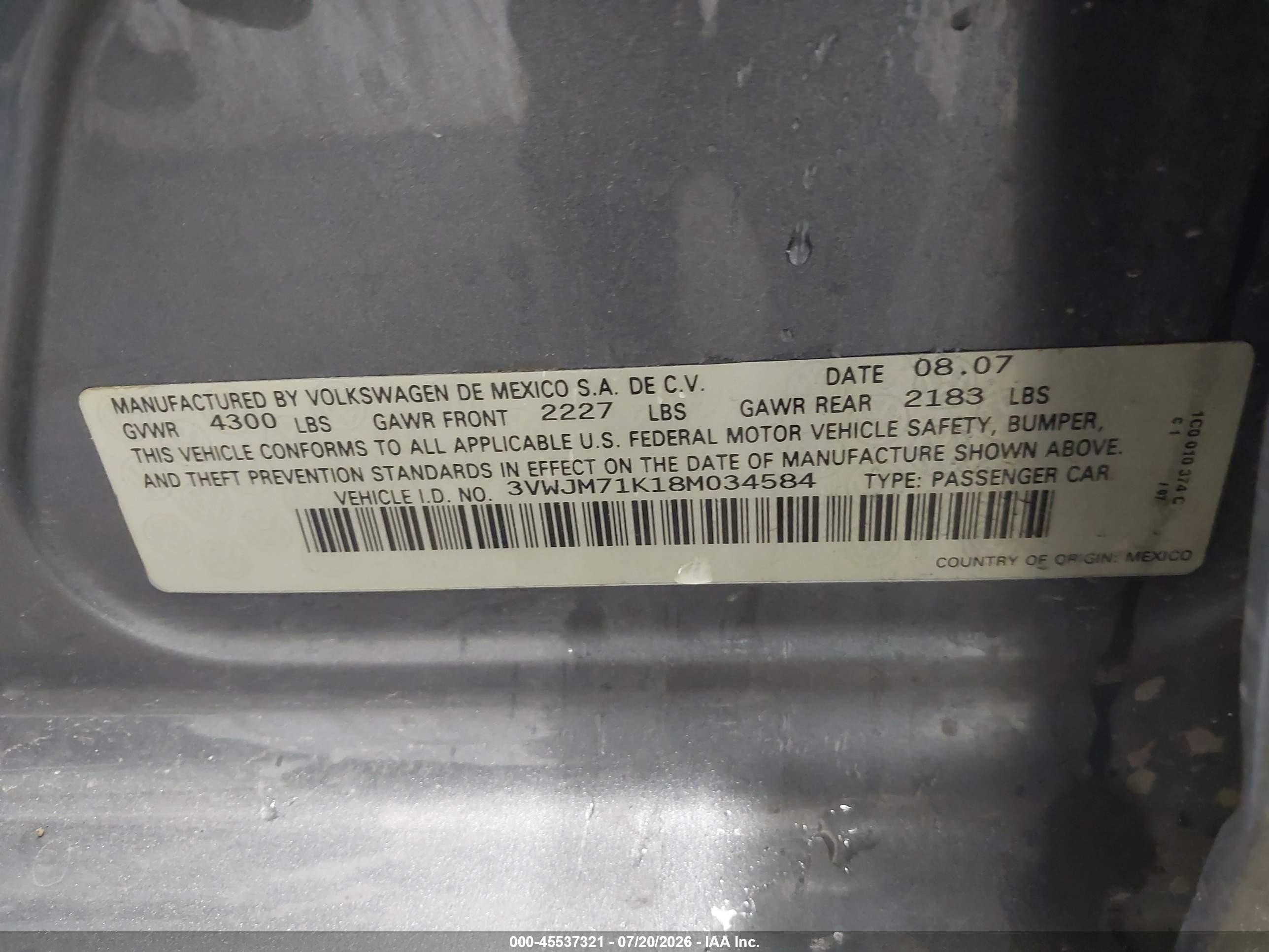 2008 Volkswagen Jetta S Gray vin: 3VWJM71K18M034584