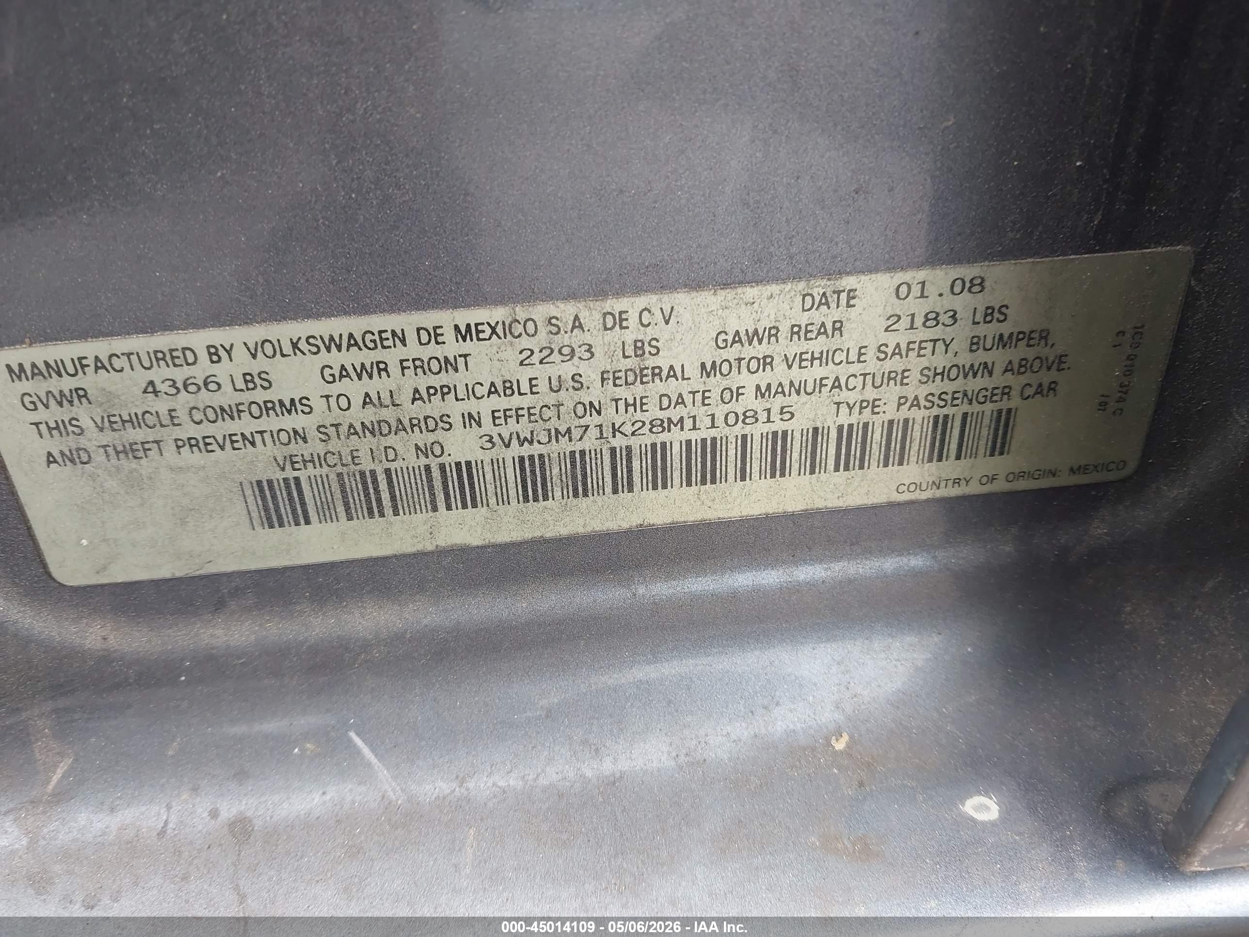2008 Volkswagen Jetta S Gray vin: 3VWJM71K28M110815