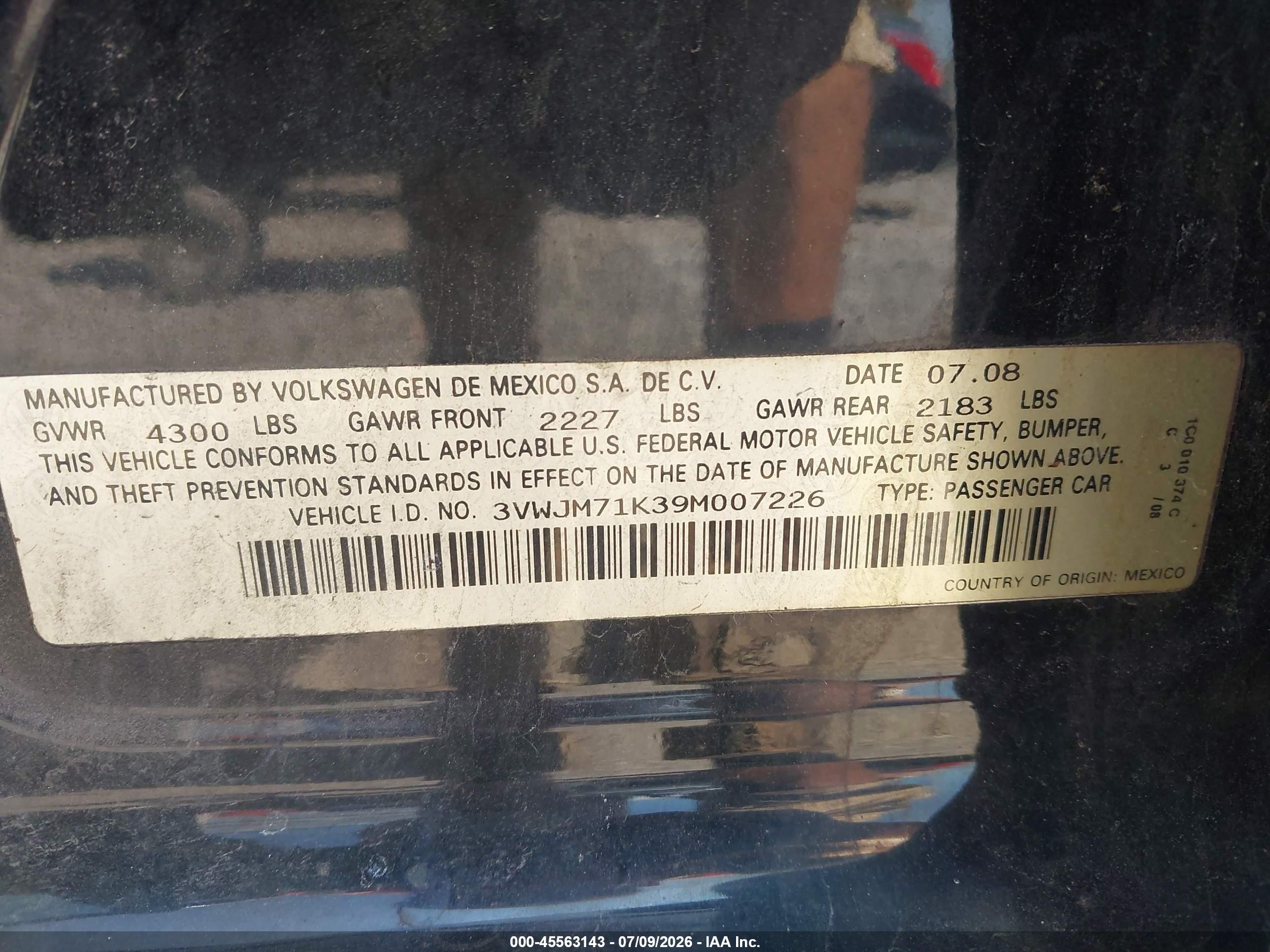 2009 Volkswagen Jetta S Black vin: 3VWJM71K39M007226
