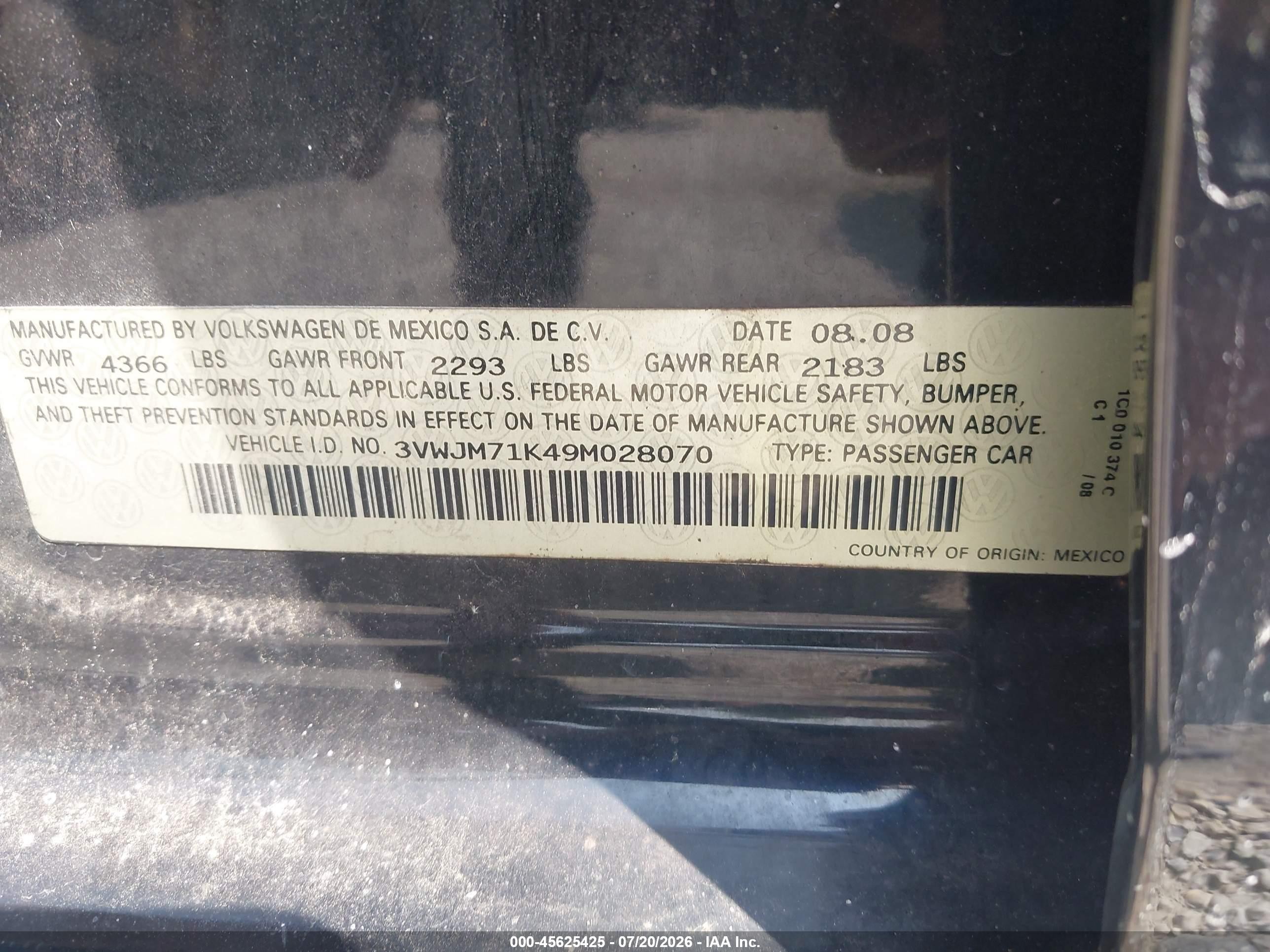 2009 Volkswagen Jetta S Black vin: 3VWJM71K49M028070