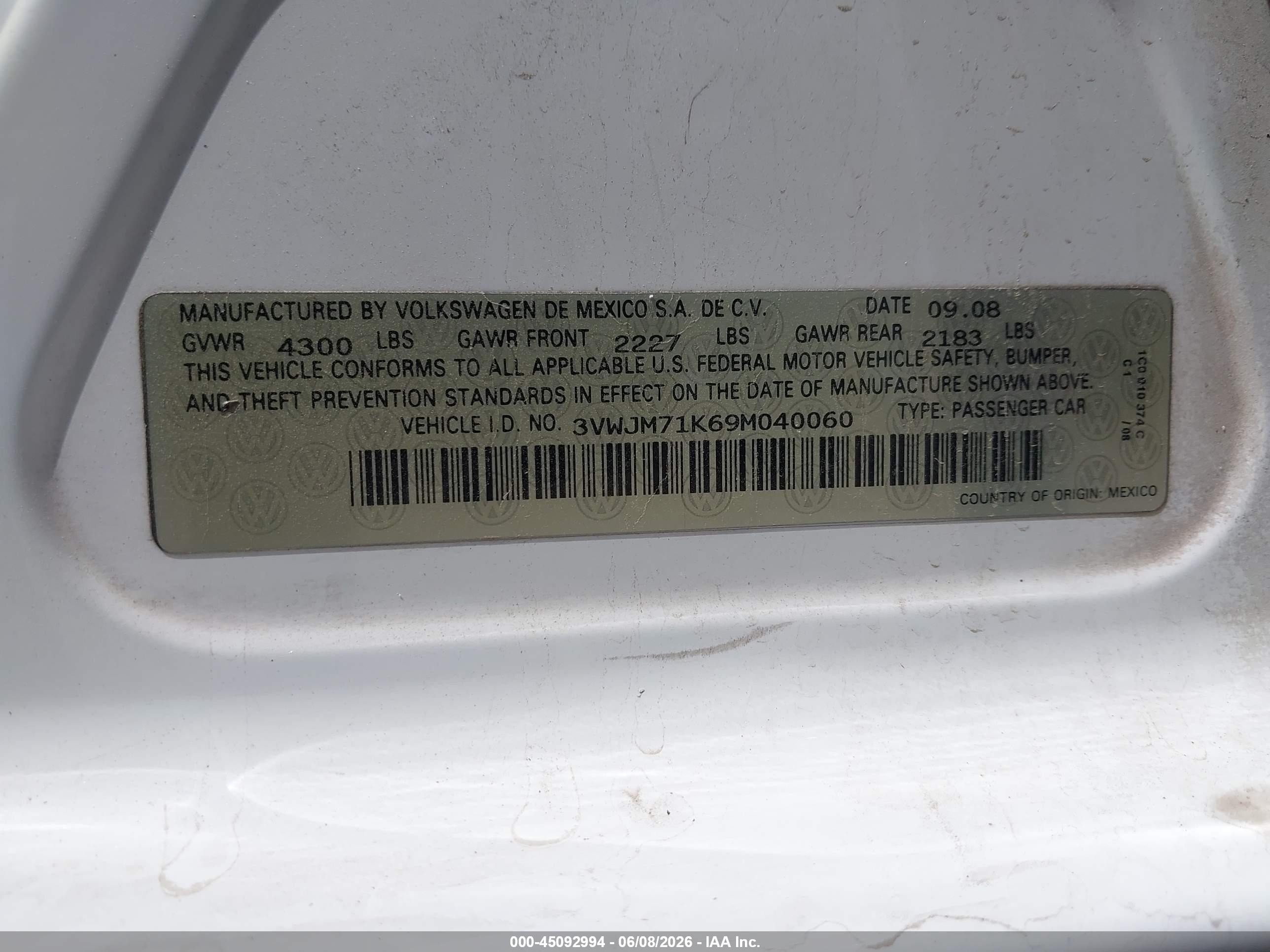 2009 Volkswagen Jetta S White vin: 3VWJM71K69M040060