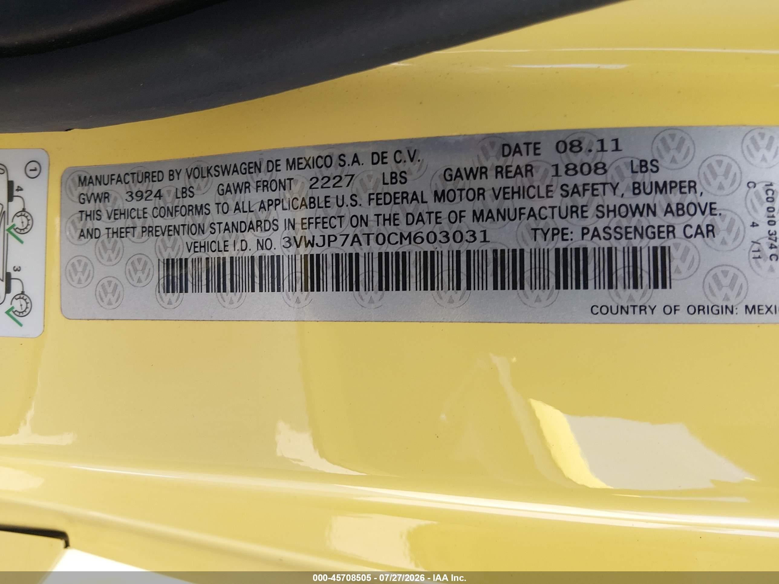 2012 Volkswagen Beetle 2.5l Yellow vin: 3VWJP7AT0CM603031