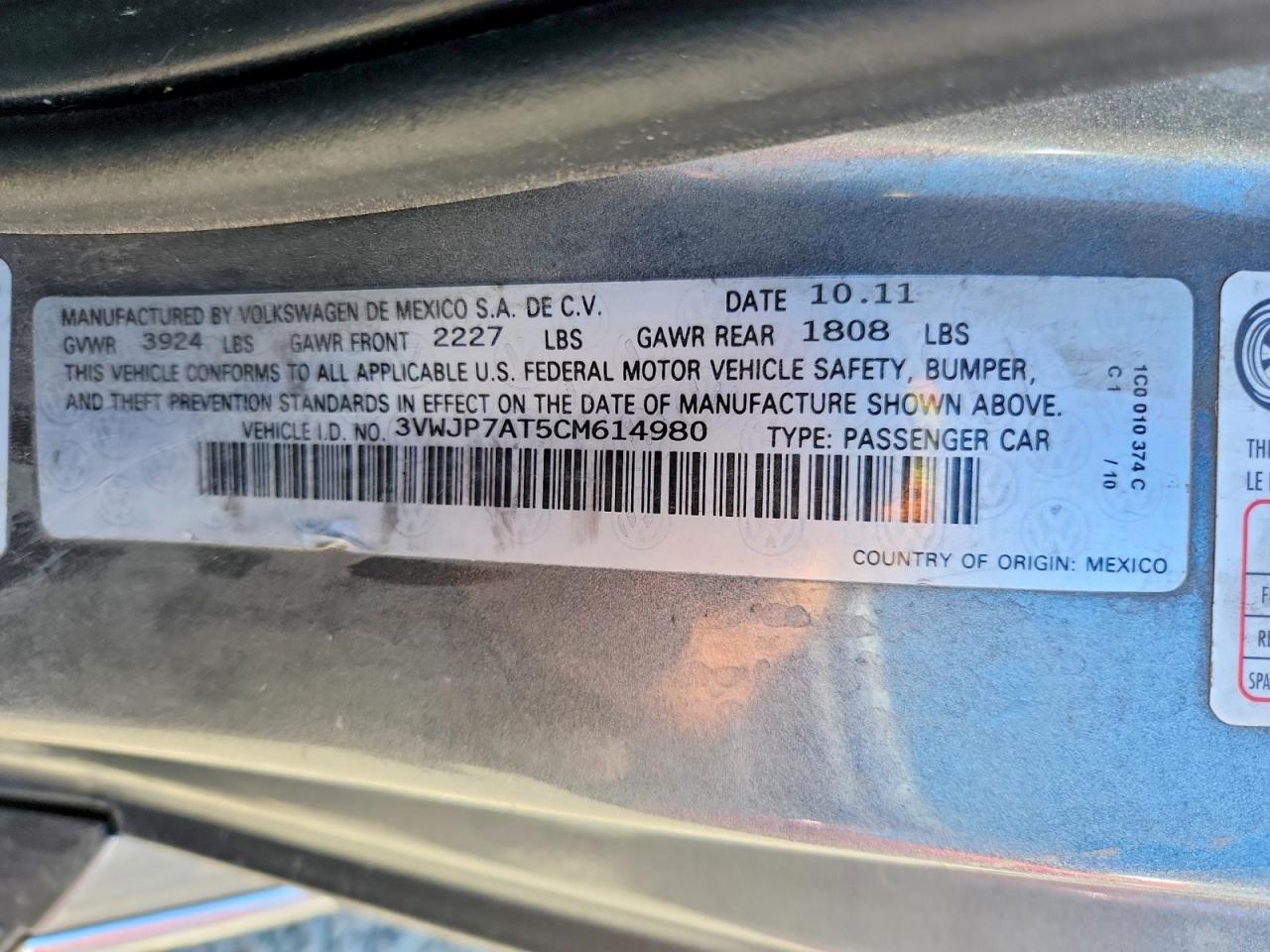 2012 Volkswagen Beetle Gray vin: 3VWJP7AT5CM614980