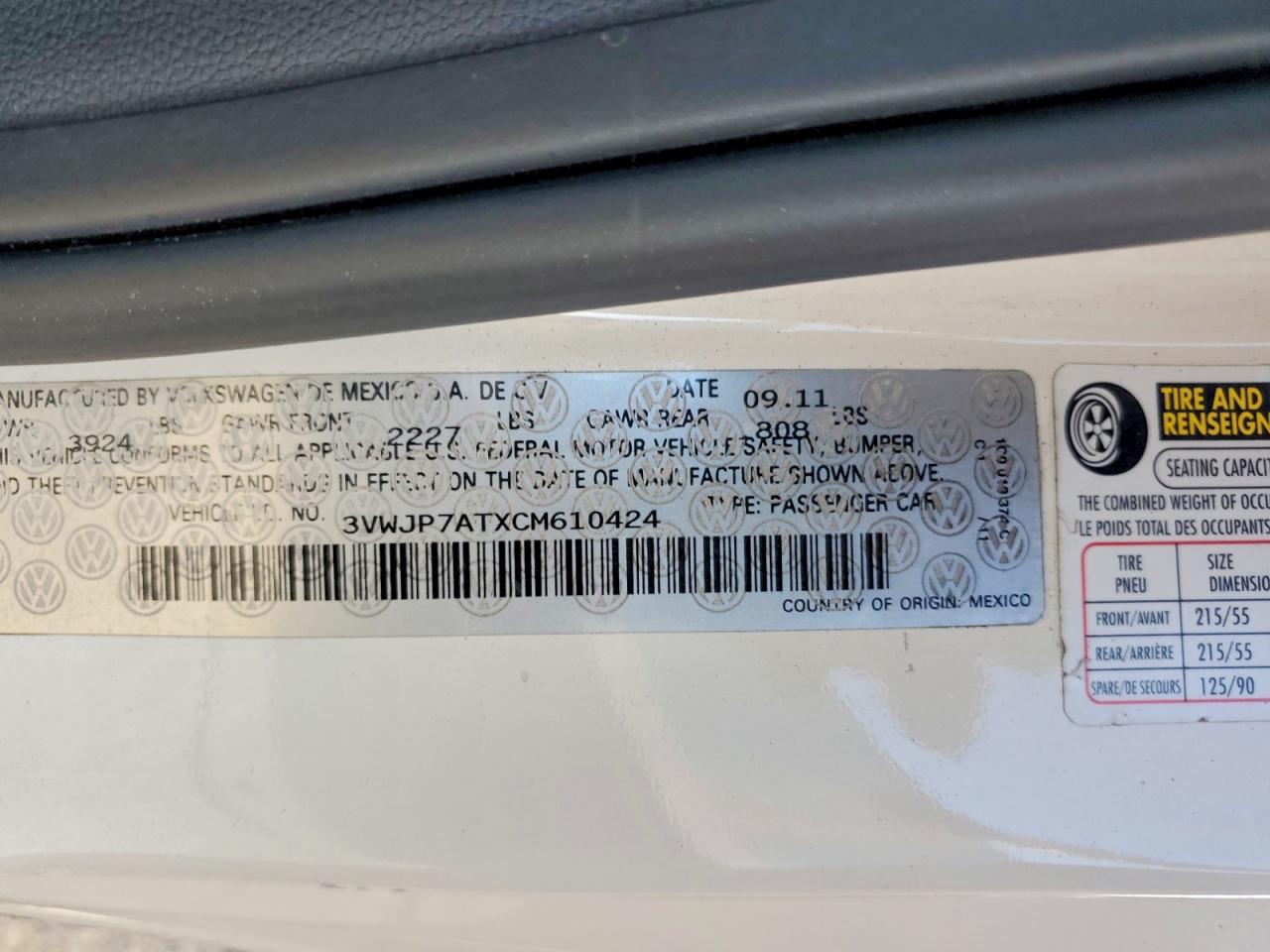 2012 Volkswagen Beetle White vin: 3VWJP7ATXCM610424