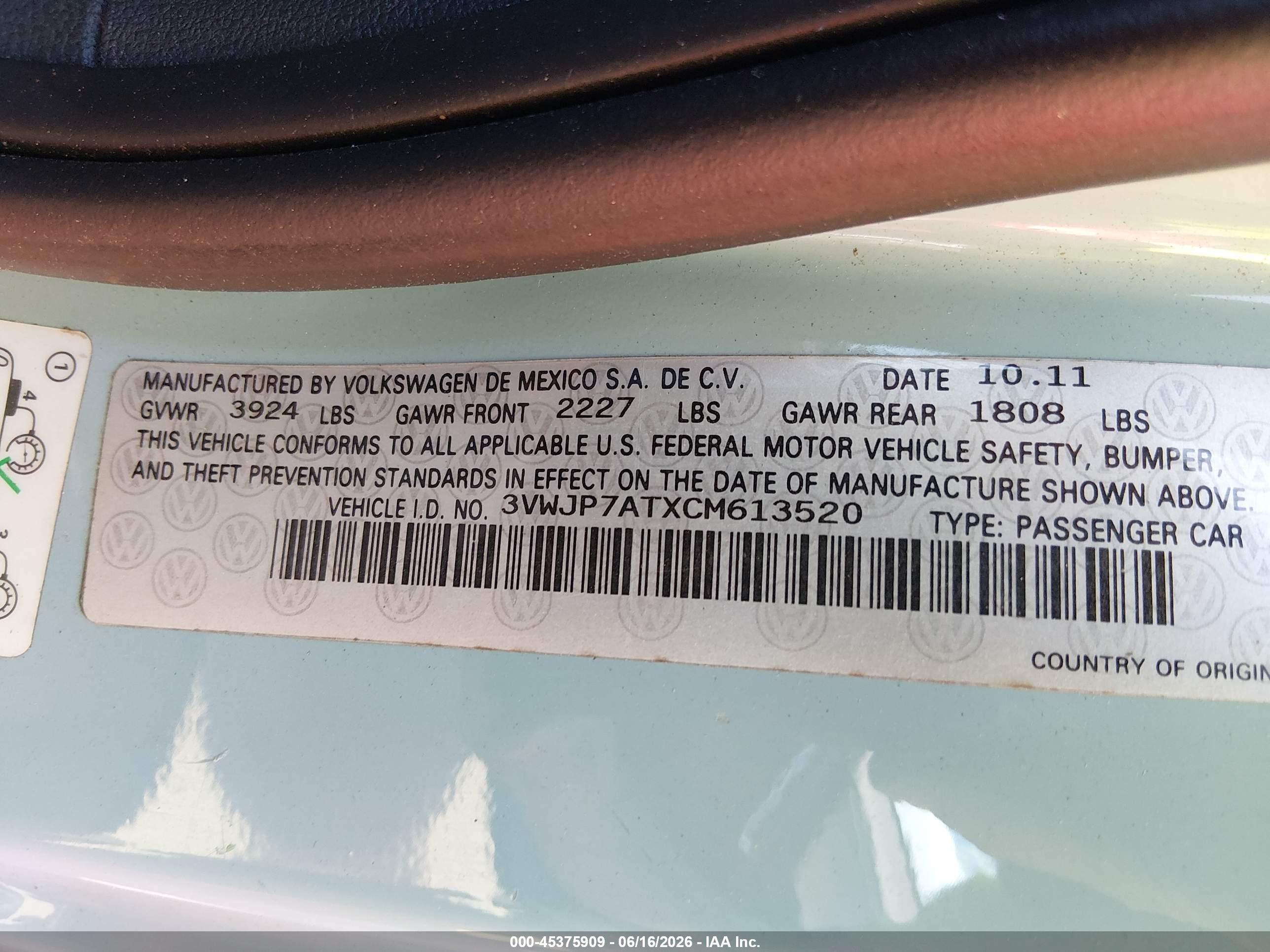 2012 Volkswagen Beetle 2.5l Light Blue vin: 3VWJP7ATXCM613520