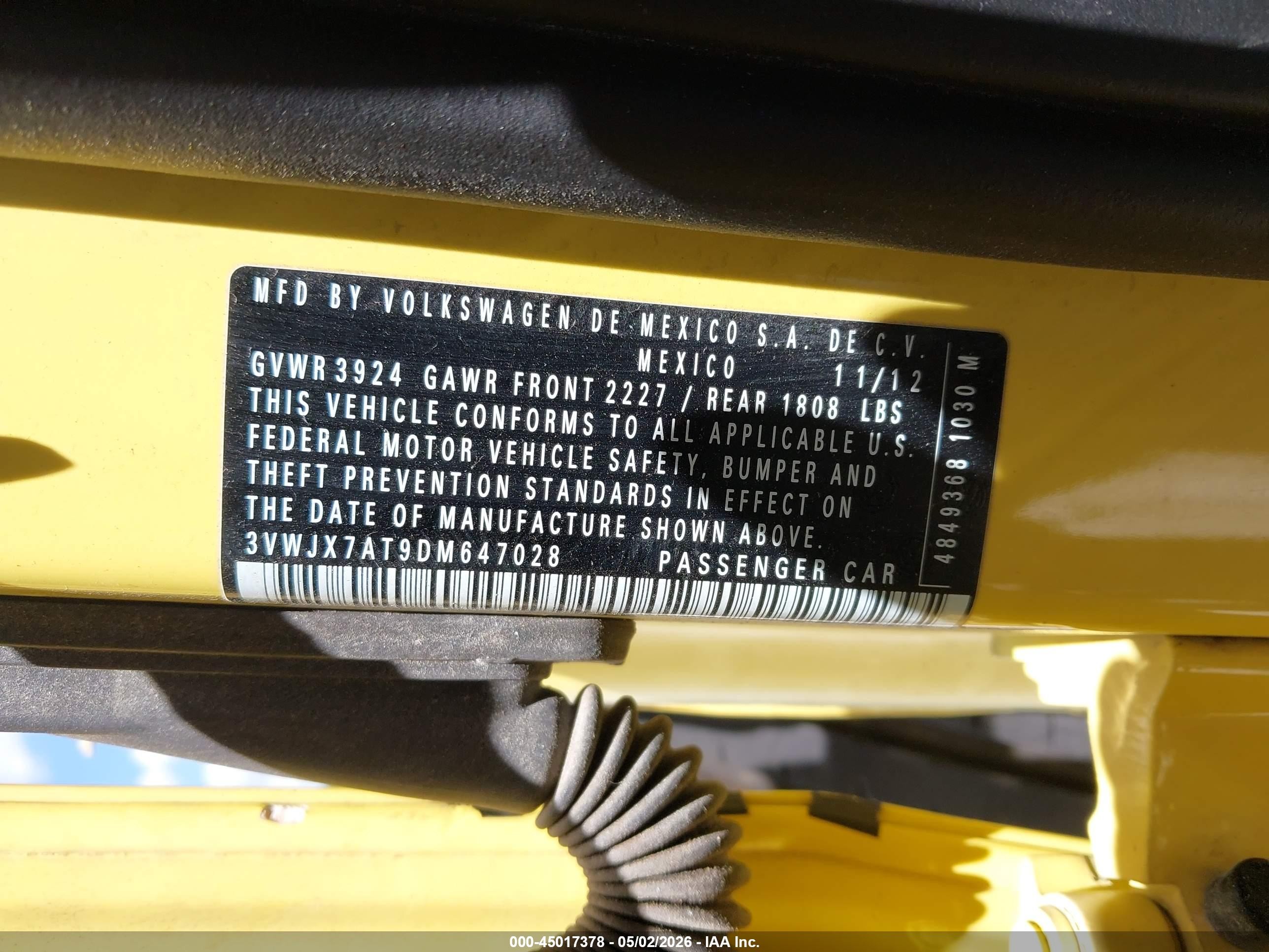 2013 Volkswagen Beetle 2.5l Yellow vin: 3VWJX7AT9DM647028