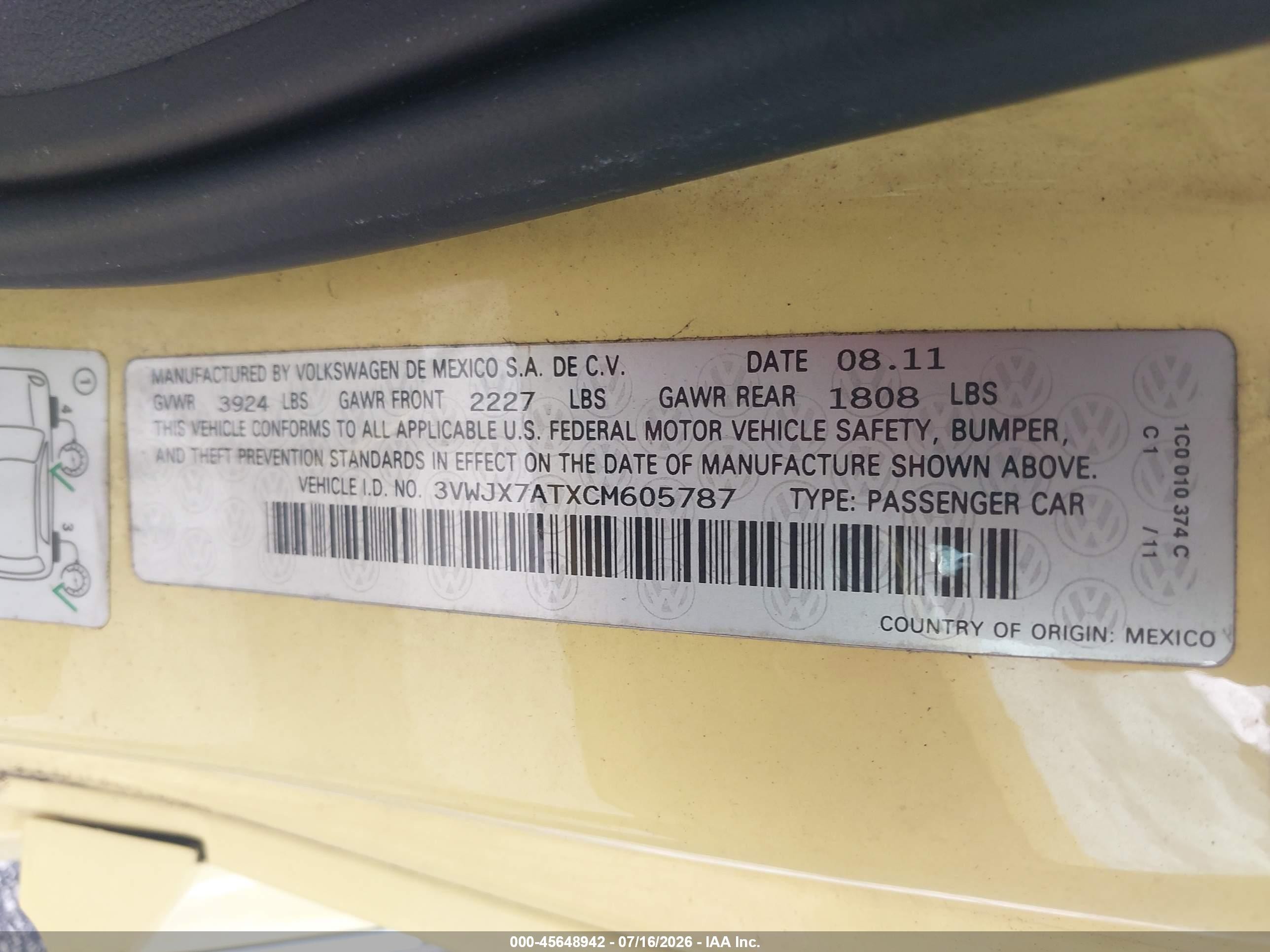 2012 Volkswagen Beetle 2.5l Yellow vin: 3VWJX7ATXCM605787