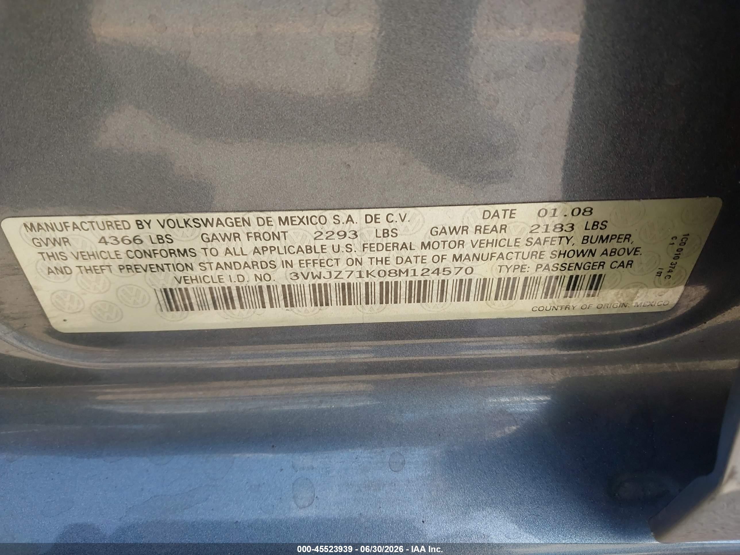 2008 Volkswagen Jetta S Gray vin: 3VWJZ71K08M124570