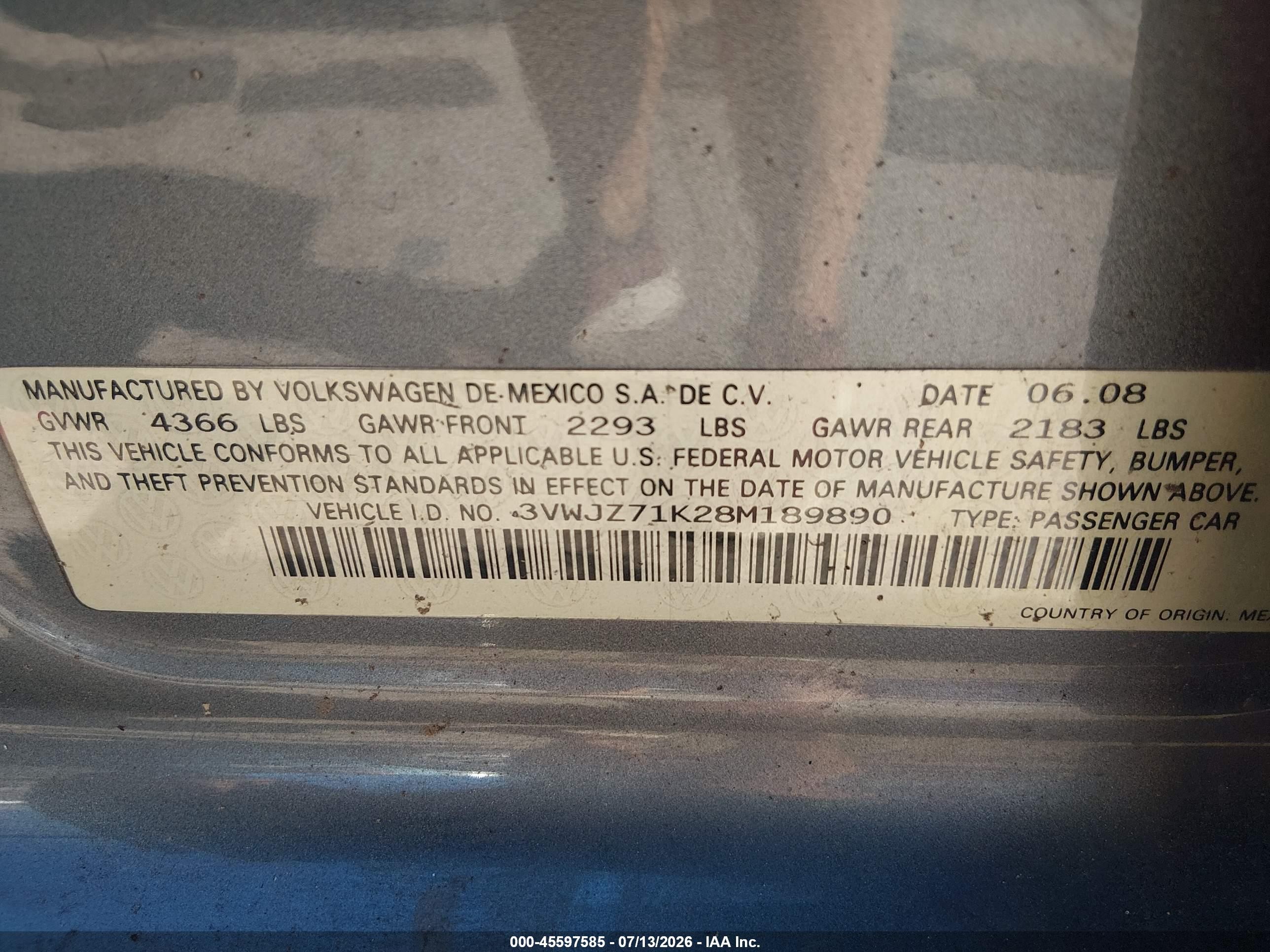 2008 Volkswagen Jetta S Gray vin: 3VWJZ71K28M189890