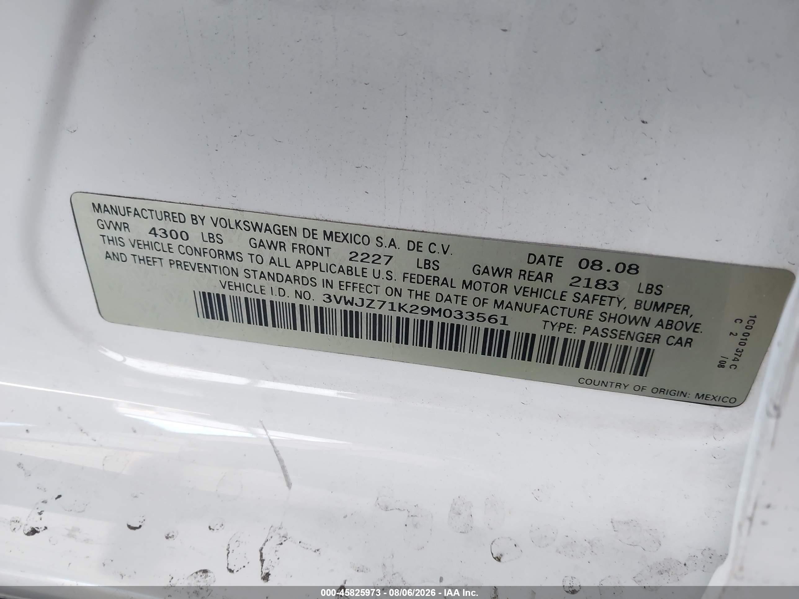 2009 Volkswagen Jetta S White vin: 3VWJZ71K29M033561