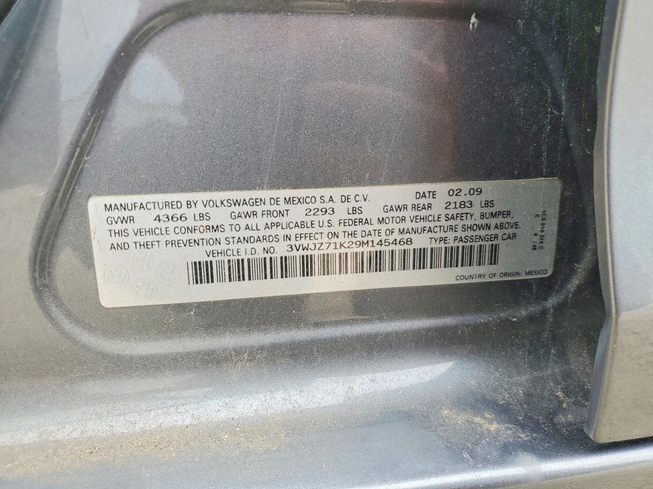 2009 Volkswagen Jetta S Gray vin: 3VWJZ71K29M145468