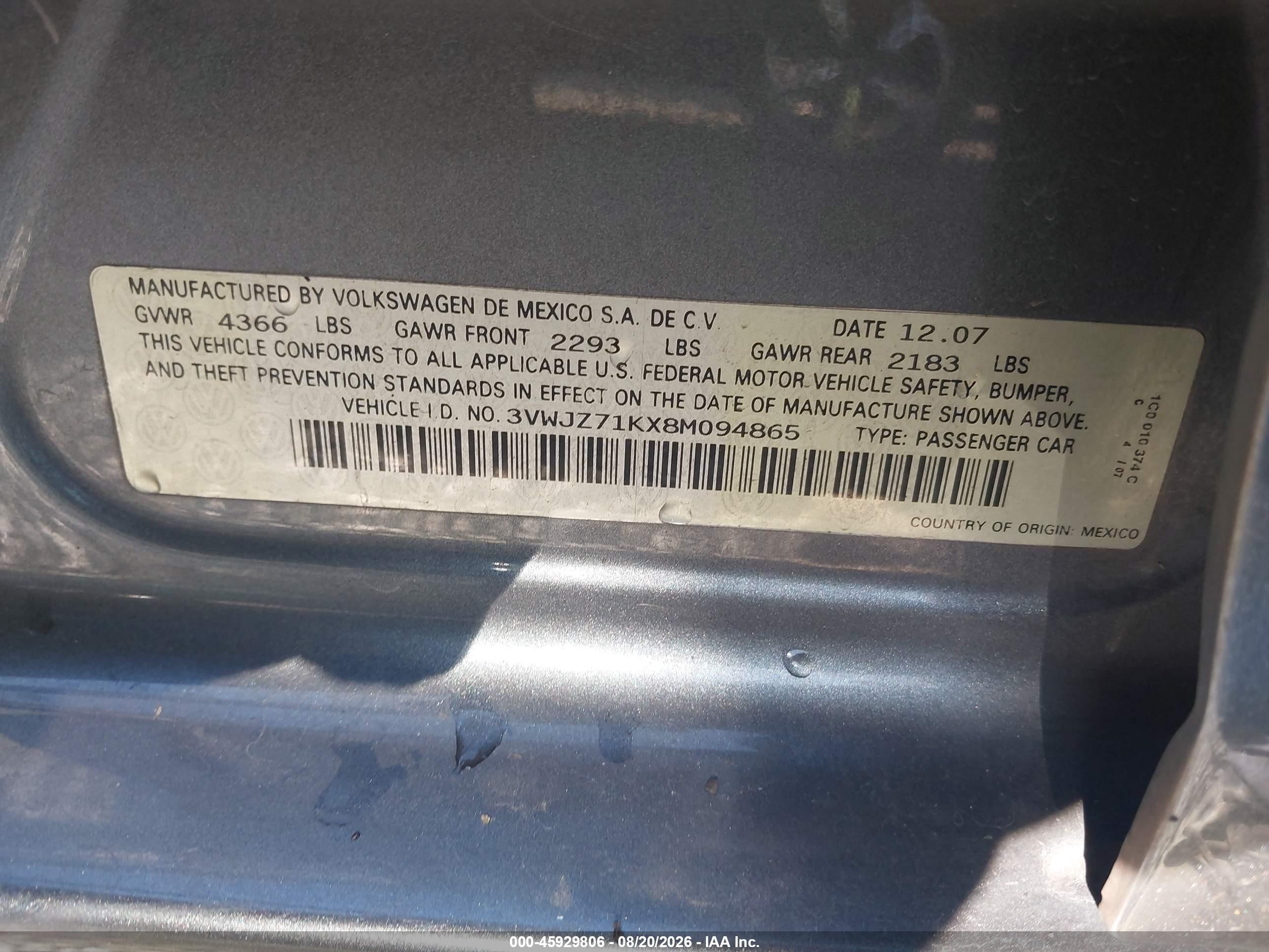 2008 Volkswagen Jetta S Серый vin: 3VWJZ71KX8M094865