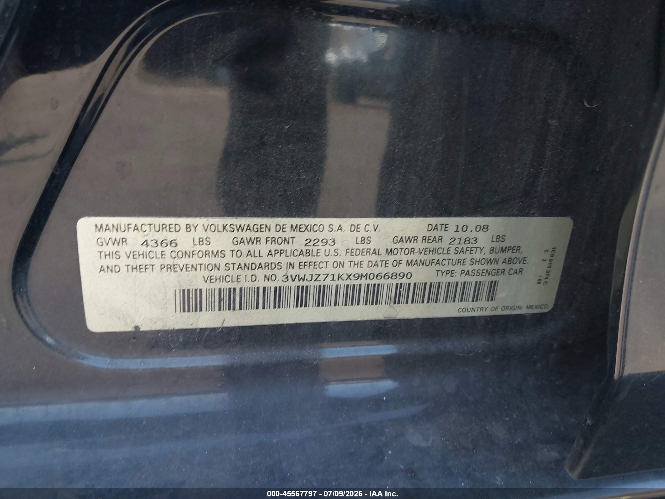 2009 Volkswagen Jetta S Black vin: 3VWJZ71KX9M066890