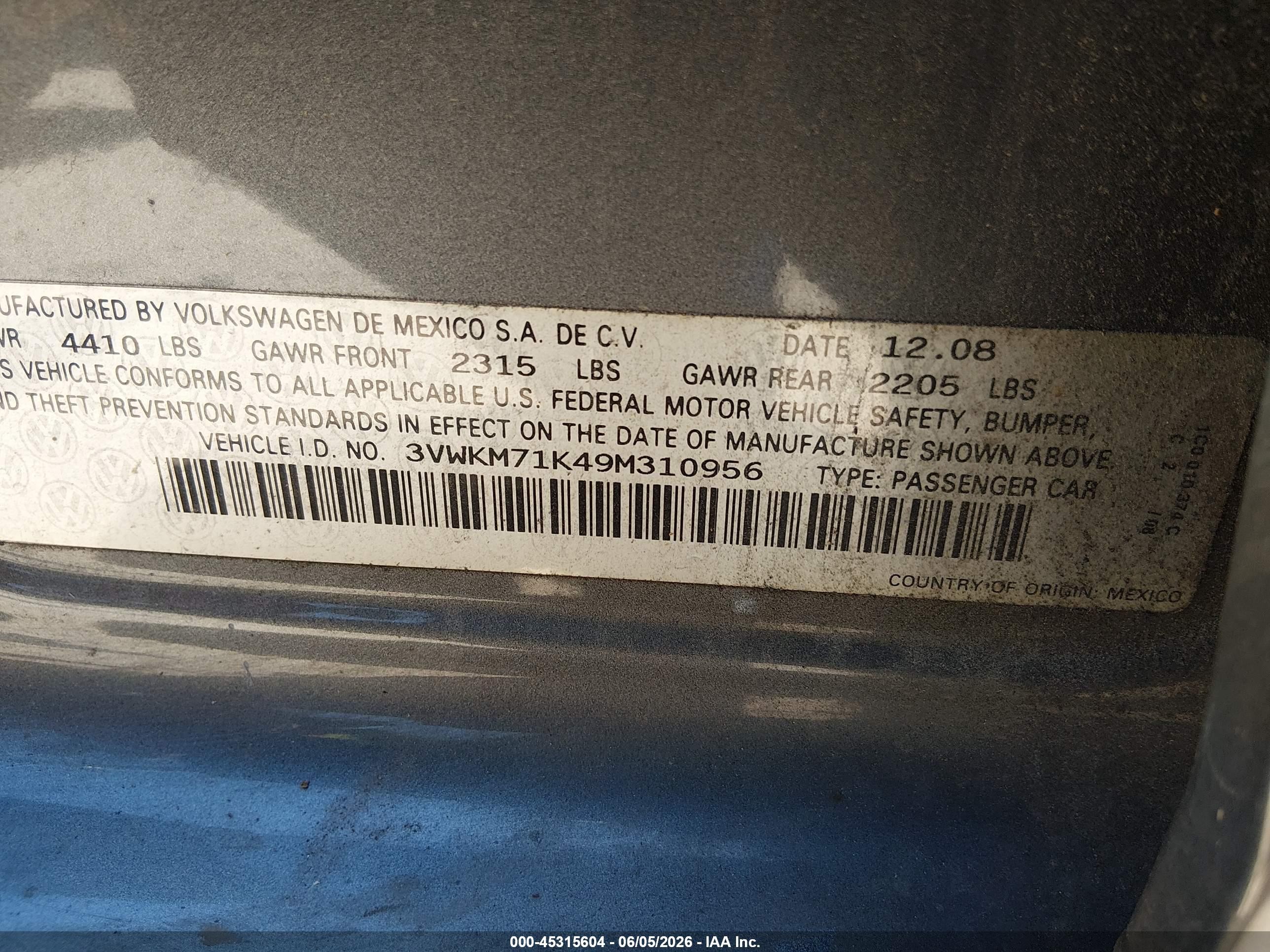 2009 Volkswagen Jetta 2.5l S Серый vin: 3VWKM71K49M310956