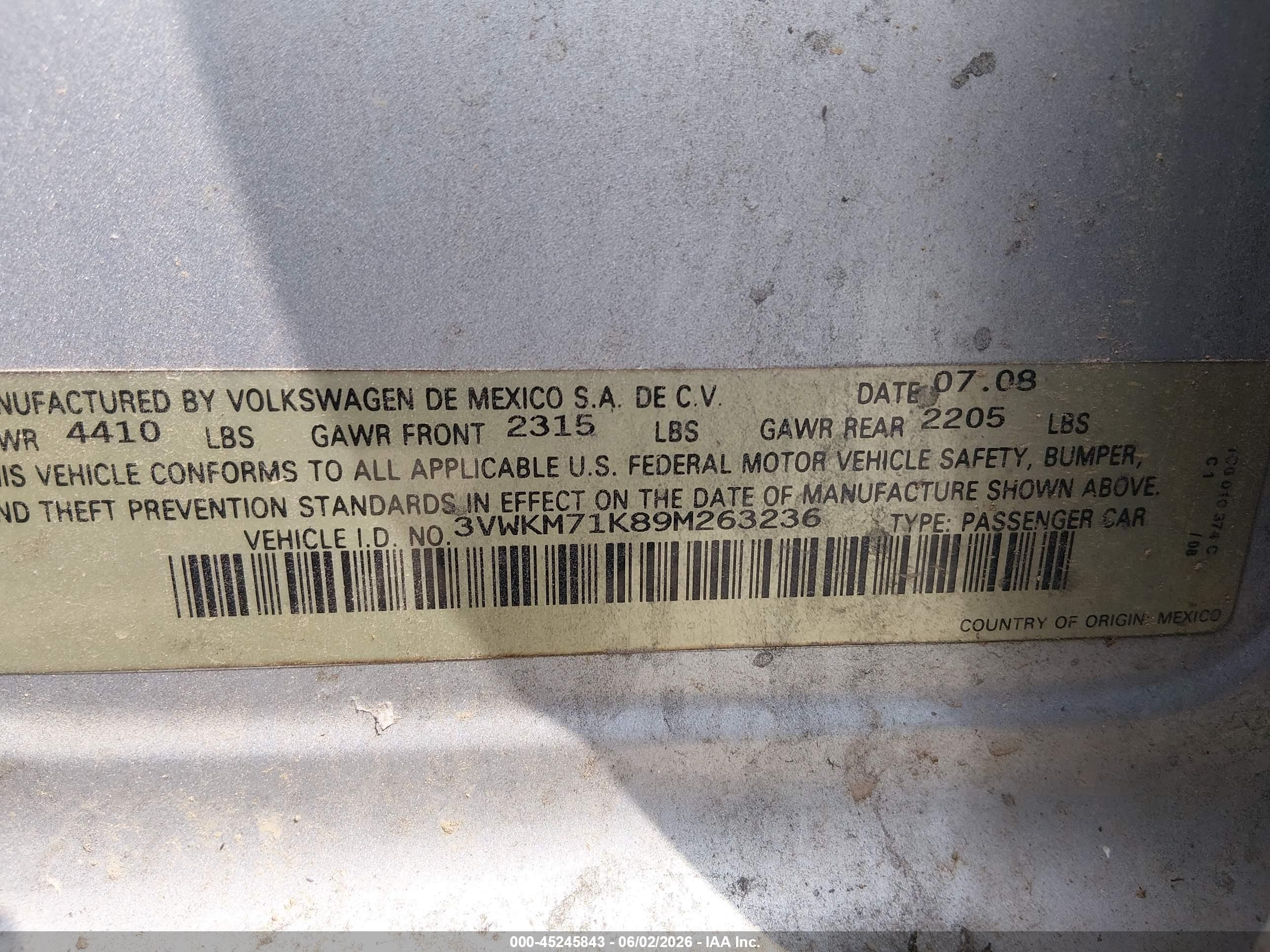 2009 Volkswagen Jetta 2.5l S Серебряный vin: 3VWKM71K89M263236