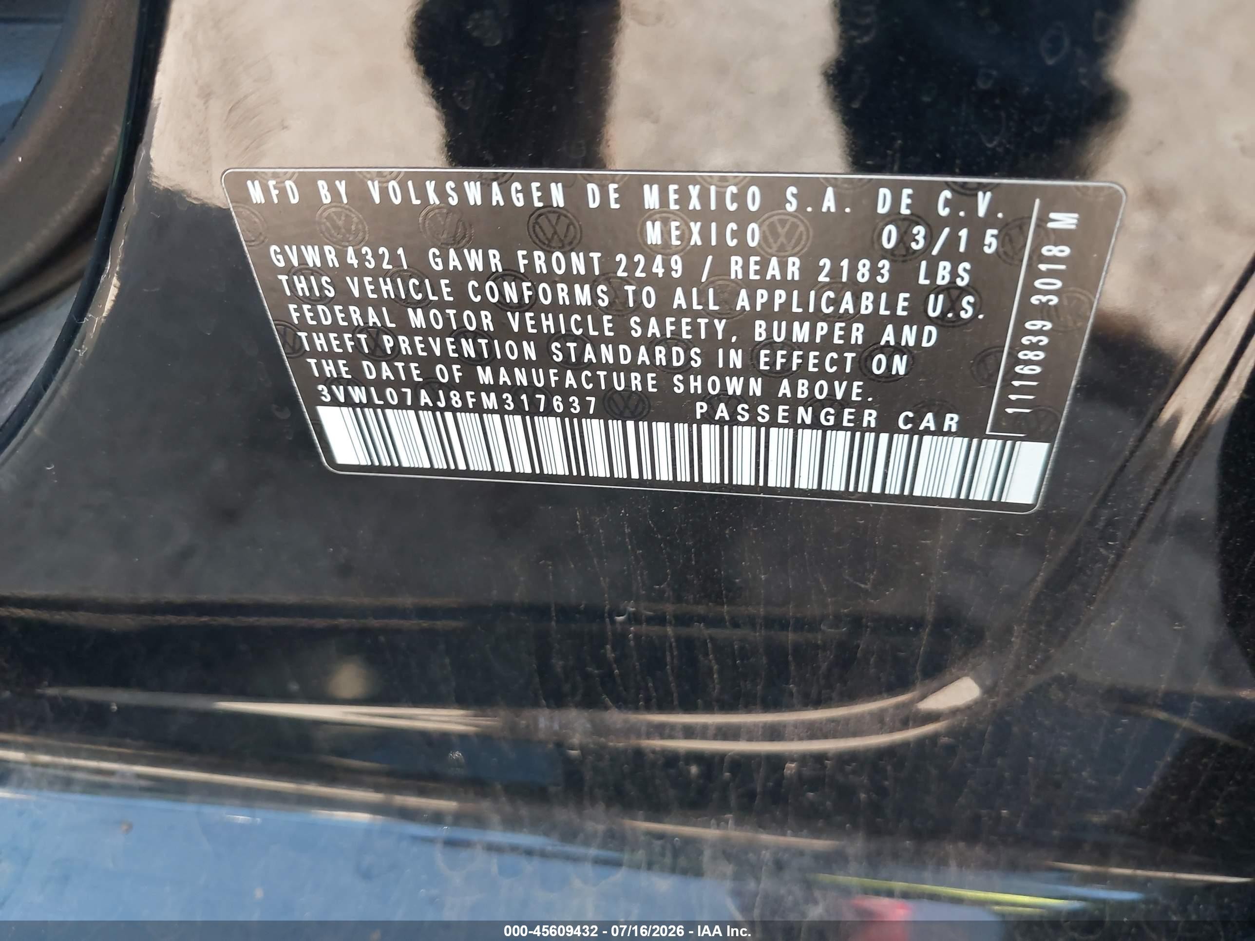2015 Volkswagen Jetta 1.8t Sel Black vin: 3VWL07AJ8FM317637