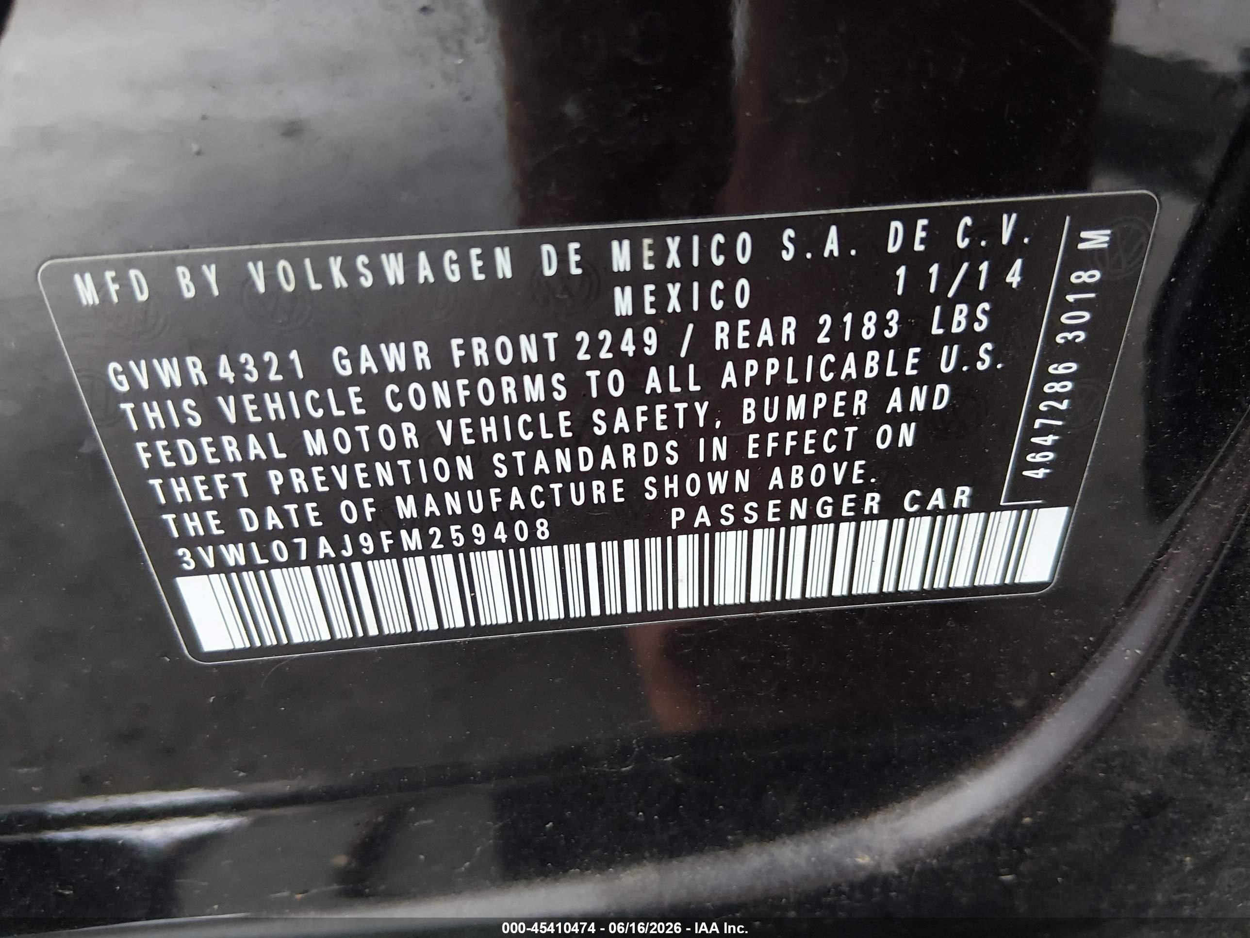 2015 Volkswagen Jetta 1.8t Sel Black vin: 3VWL07AJ9FM259408