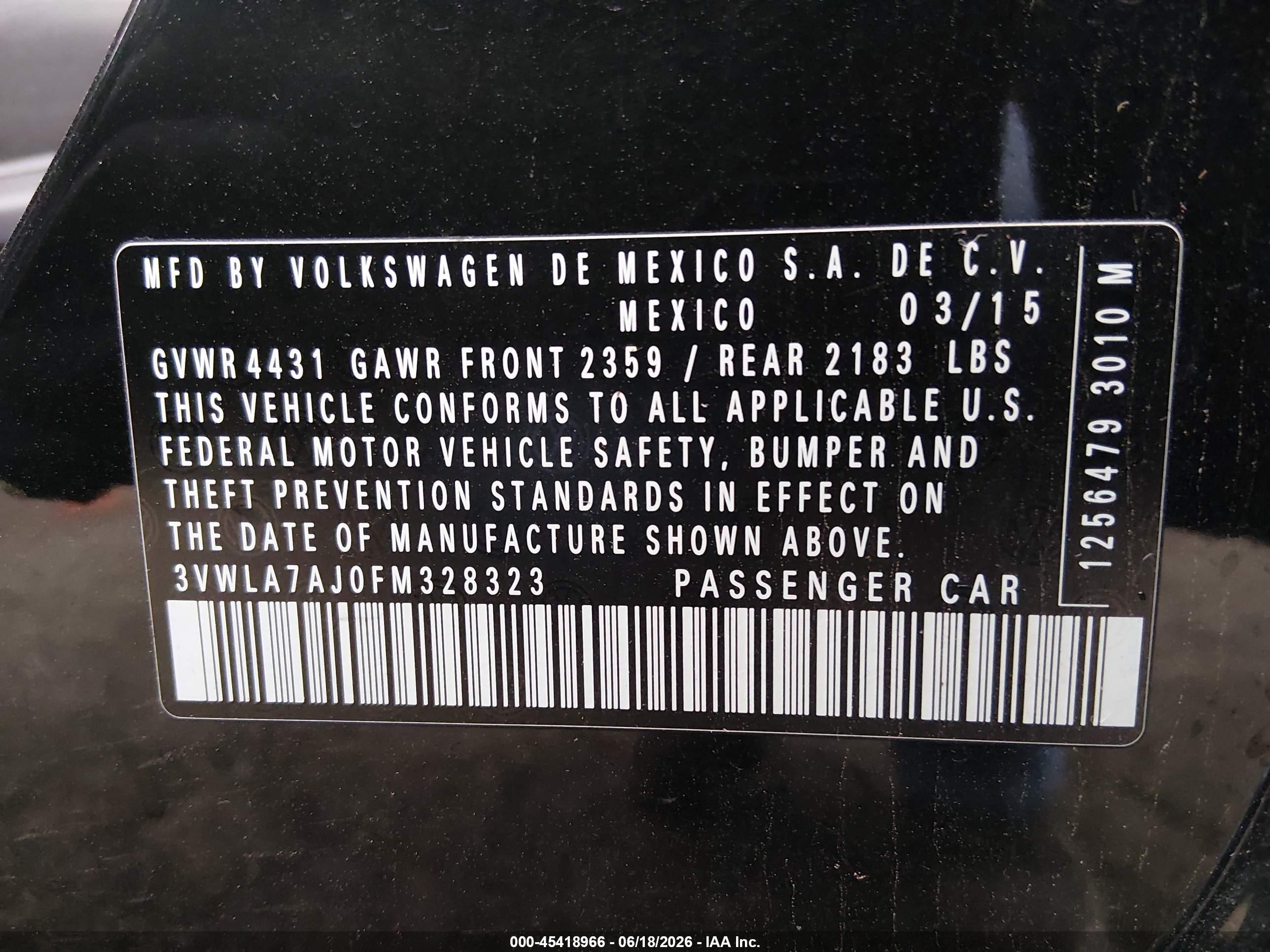 2015 Volkswagen Jetta 2.0l Tdi S Black vin: 3VWLA7AJ0FM328323