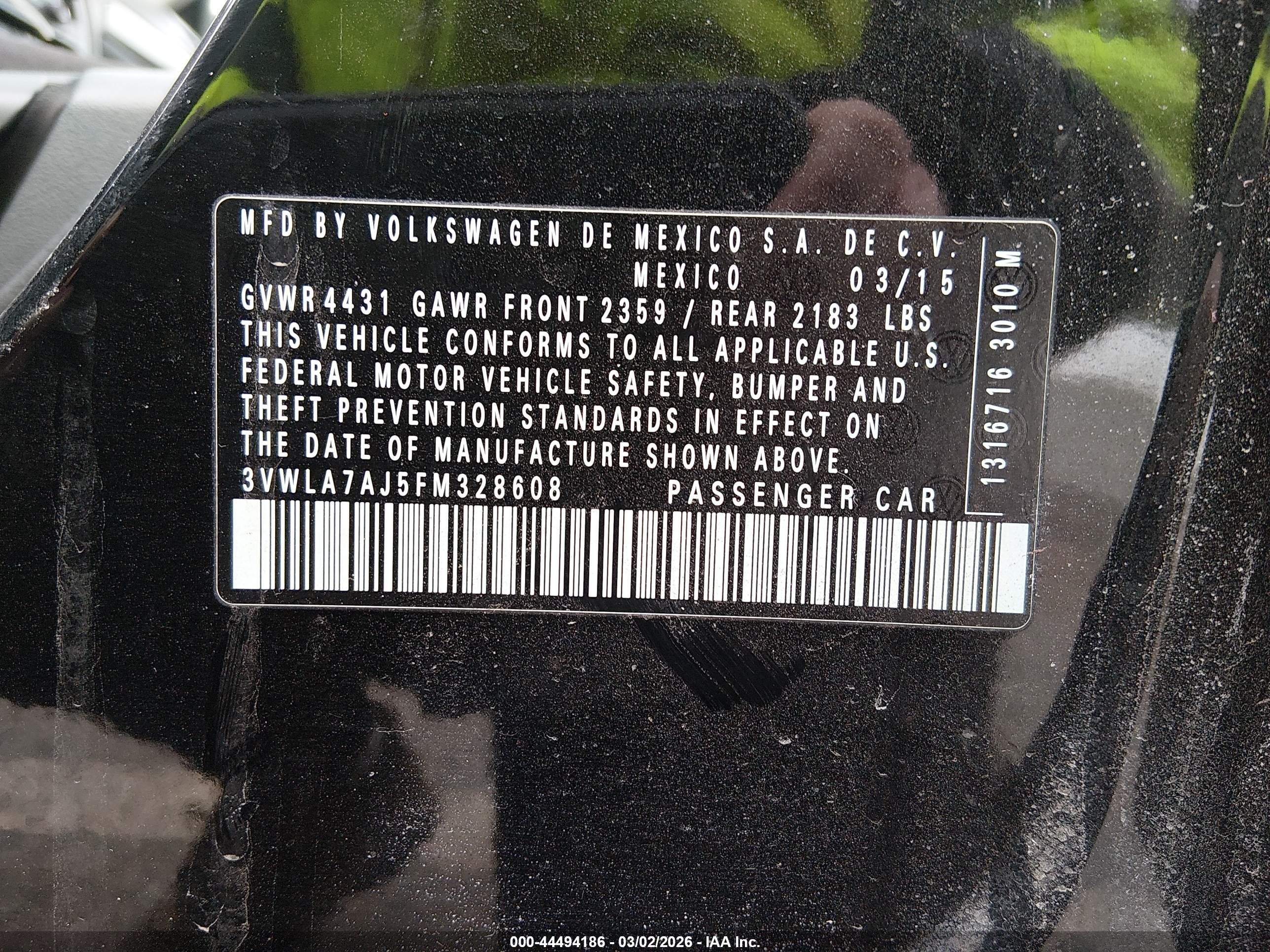 2015 Volkswagen Jetta 2.0l Tdi S Black vin: 3VWLA7AJ5FM328608