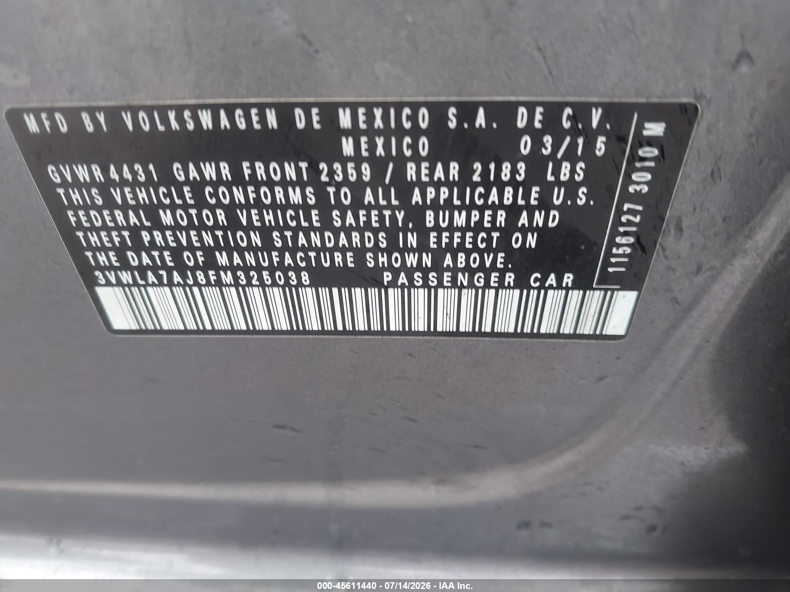 2015 Volkswagen Jetta 2.0l Tdi S Серый vin: 3VWLA7AJ8FM325038