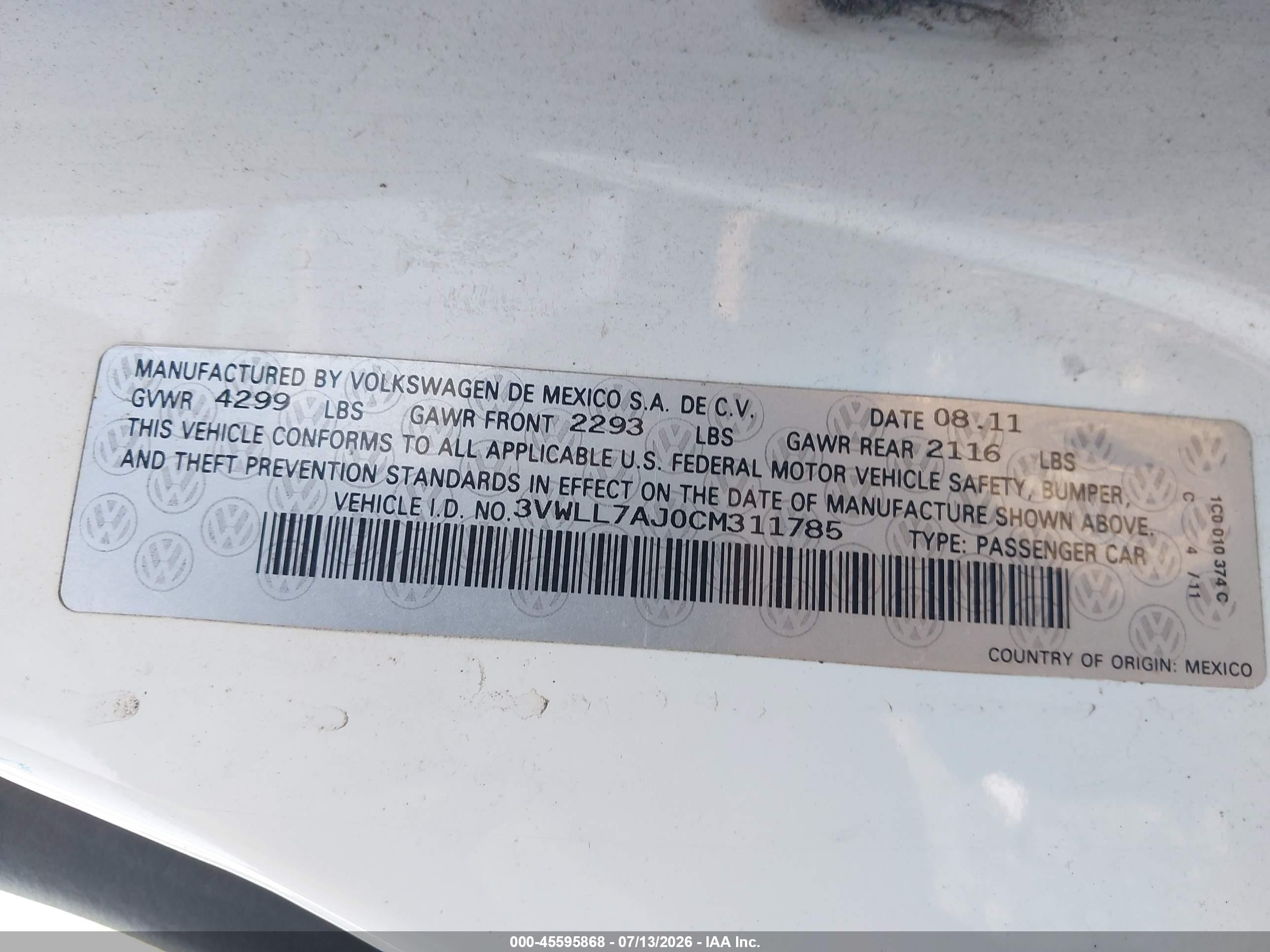 2012 Volkswagen Jetta Tdi White vin: 3VWLL7AJ0CM311785