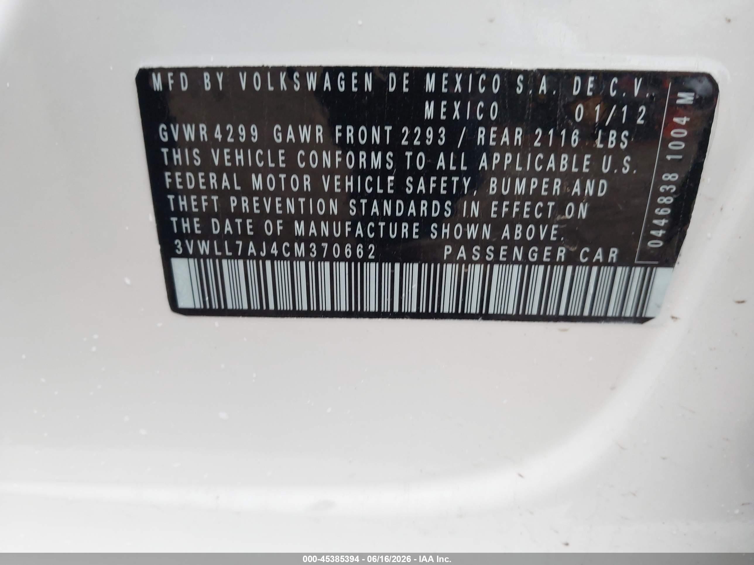 2012 Volkswagen Jetta Sedan   White vin: 3VWLL7AJ4CM370662