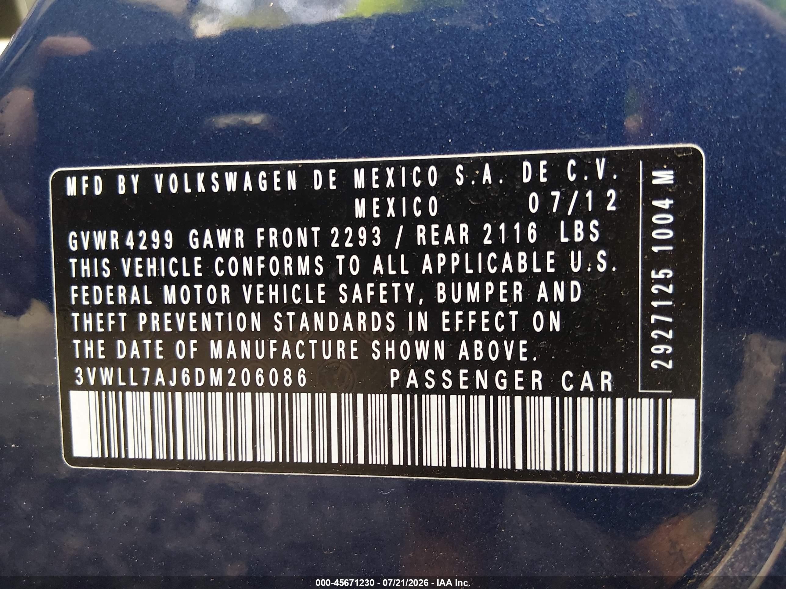 2013 Volkswagen Jetta 2.0l Tdi Blue vin: 3VWLL7AJ6DM206086