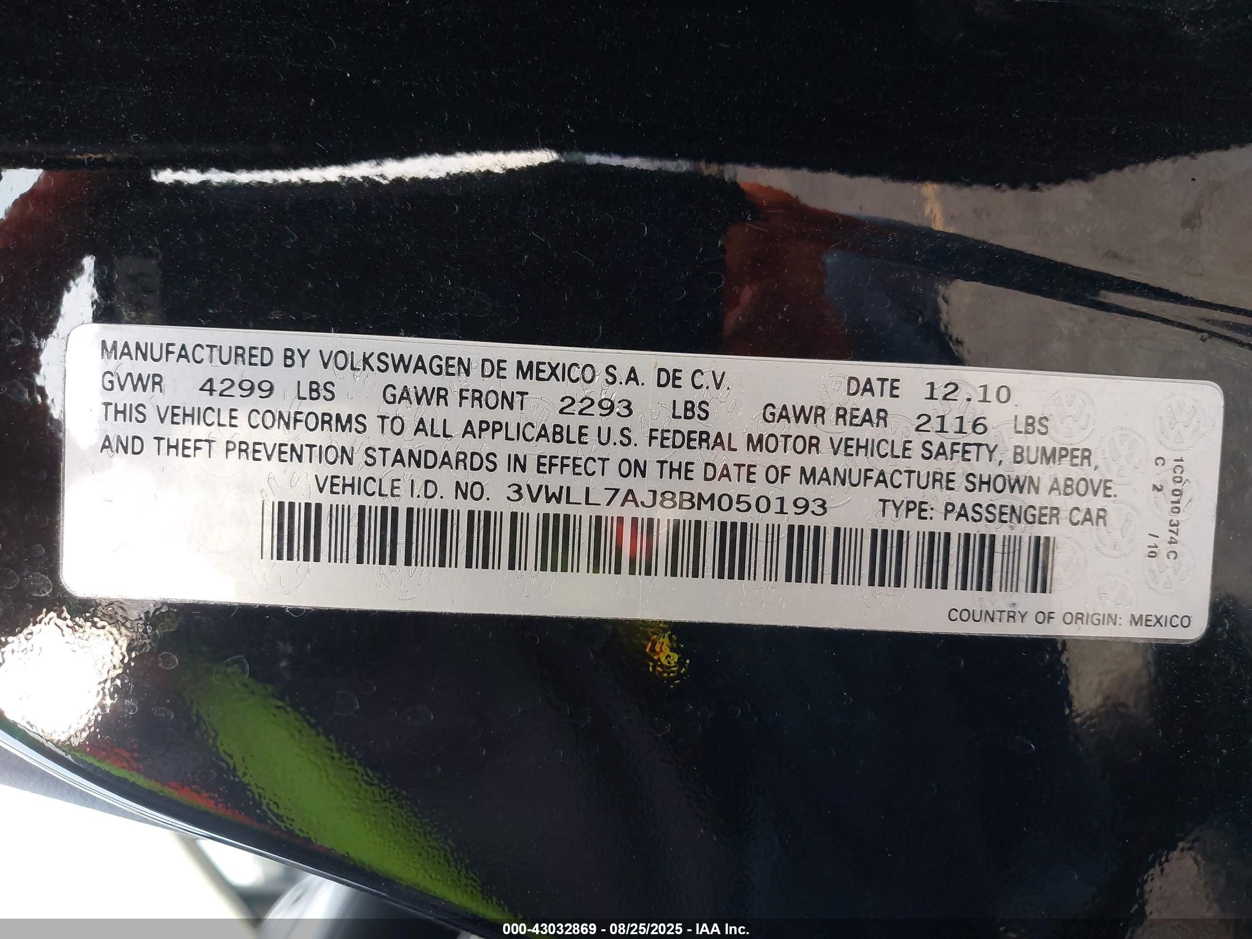 2011 Volkswagen Jetta 2.0l Tdi Black vin: 3VWLL7AJ8BM050193