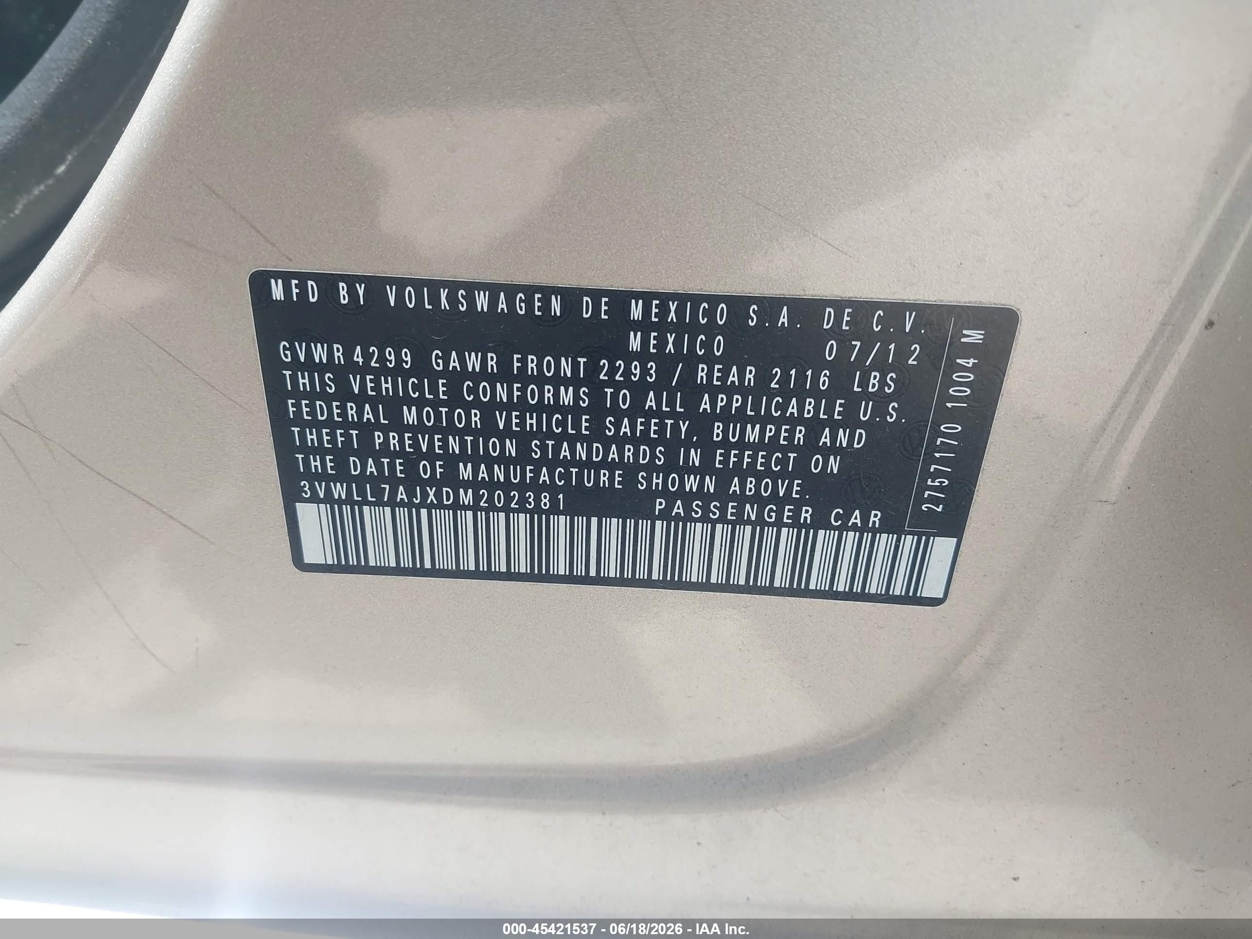 2013 Volkswagen Jetta 2.0l Tdi Gold vin: 3VWLL7AJXDM202381