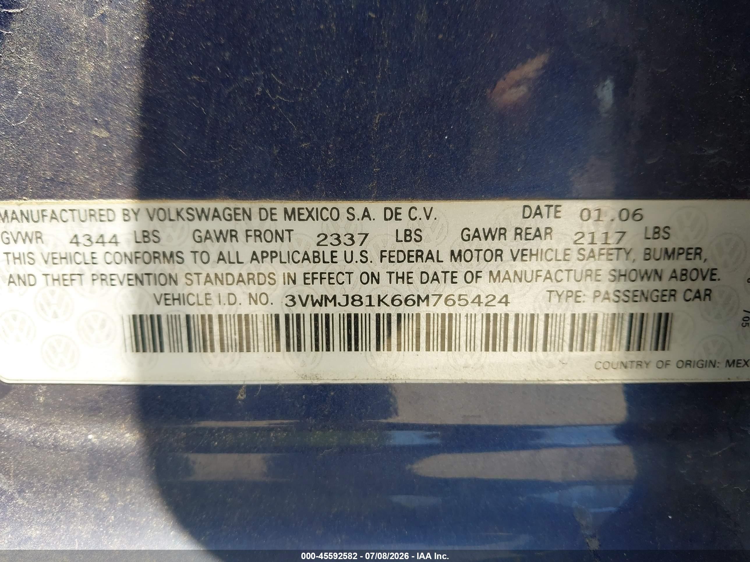 2006 Volkswagen Jetta 2.0t Blue vin: 3VWMJ81K66M765424